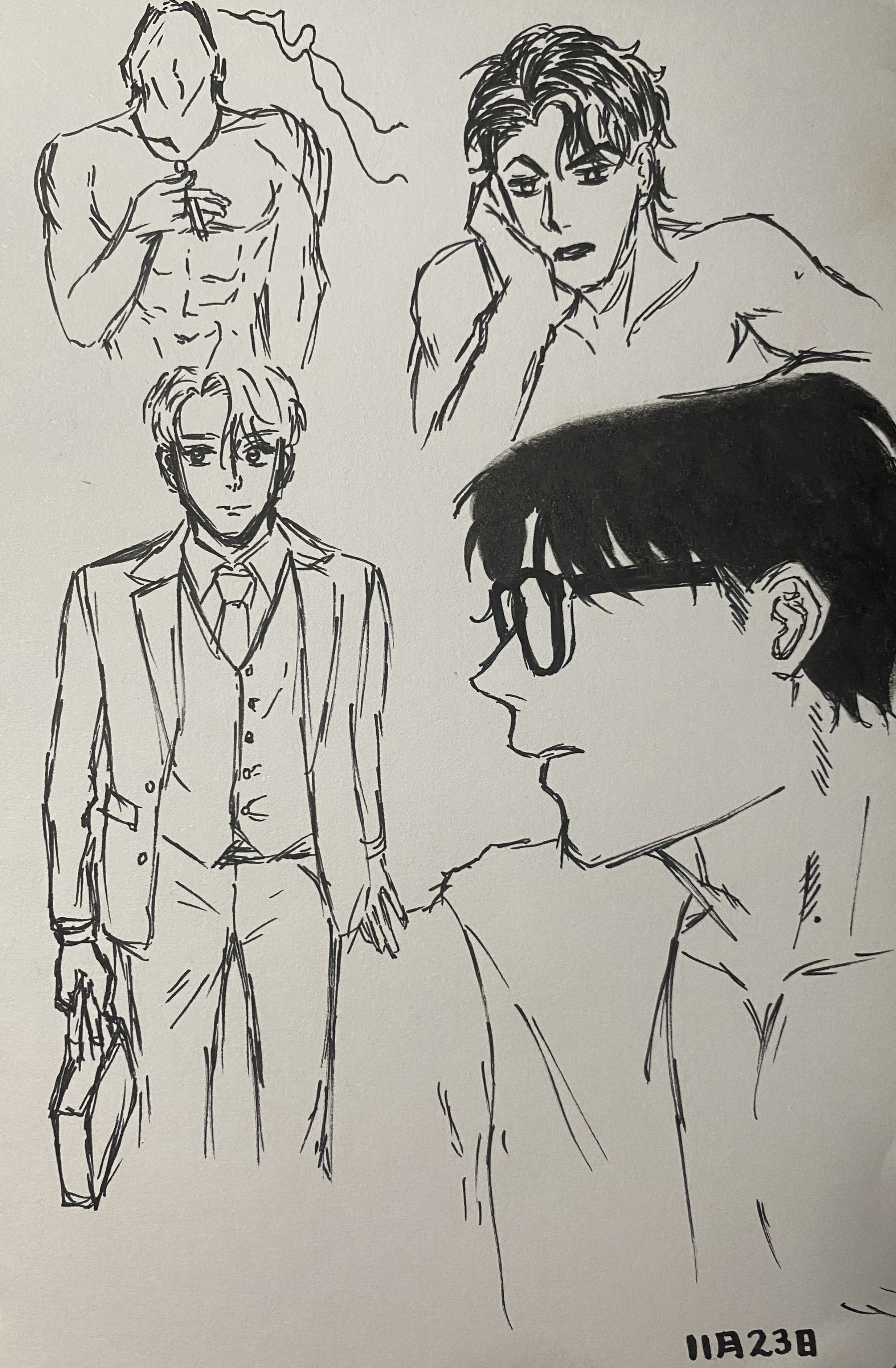 he image contains four distinct ink sketches of men.  the top left shows a shirtless man with defined musculature, possibly holding something small. the top right features a man with short hair, seemingly pensive and also shirtless.  the bottom left depicts a man in a suit and vest, holding a briefcase. the largest figure in the image is a man wearing glasses in a less defined shirt, positioned prominently on the bottom right and seemingly partially overlapping the man in the suit. all sketches are done in black ink on a lightcolored background with a date appearing at the bottom right, "11月23日" (november 23rd in japanese). the style is loose and expressive, prioritizing capturing the essence of the characters over photorealistic detail.