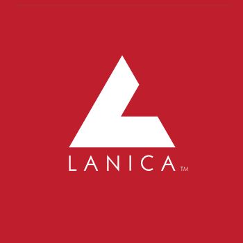 the image is a logo for a company called lanica. it is a white triangle with a white letter l inside on a red background. the company name is written in white below the triangle.
