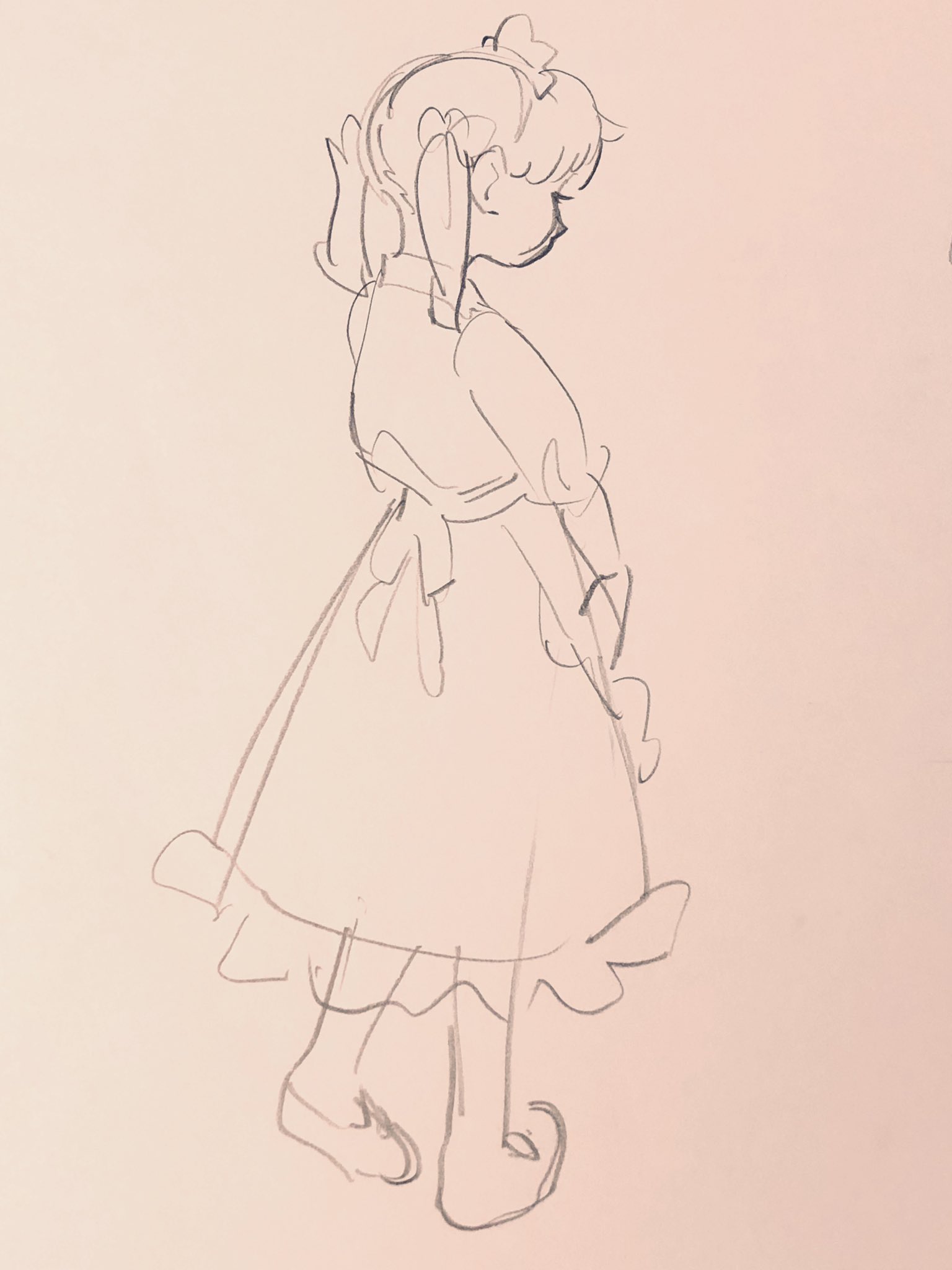 this is a quick, loose sketch of a young girl in a dress. she's facing to the right of the viewer and looking down. her hair is pulled back with bows or ties and she is wearing a dress with an apron or pinafore. the lines are light and flowy, typical of a gesture drawing.