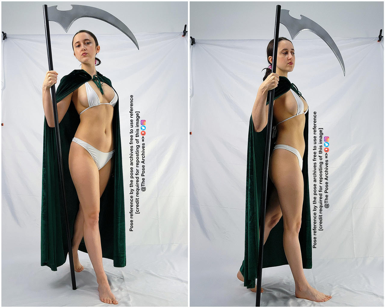 a woman in a green cloak and white bikini poses with a scythe in front of a white backdrop. the image is a diptych, with the woman in a slightly different pose on each side. the image is a pose reference for artists.