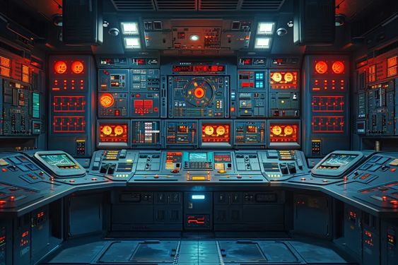 this is an image of a futuristic control room from a spaceship. the room is filled with screens, buttons, and other control panels. the lighting is dim, with red lights illuminating the room. the spaceship interior is a dark and moody one, giving it a sense of mystery and danger.
