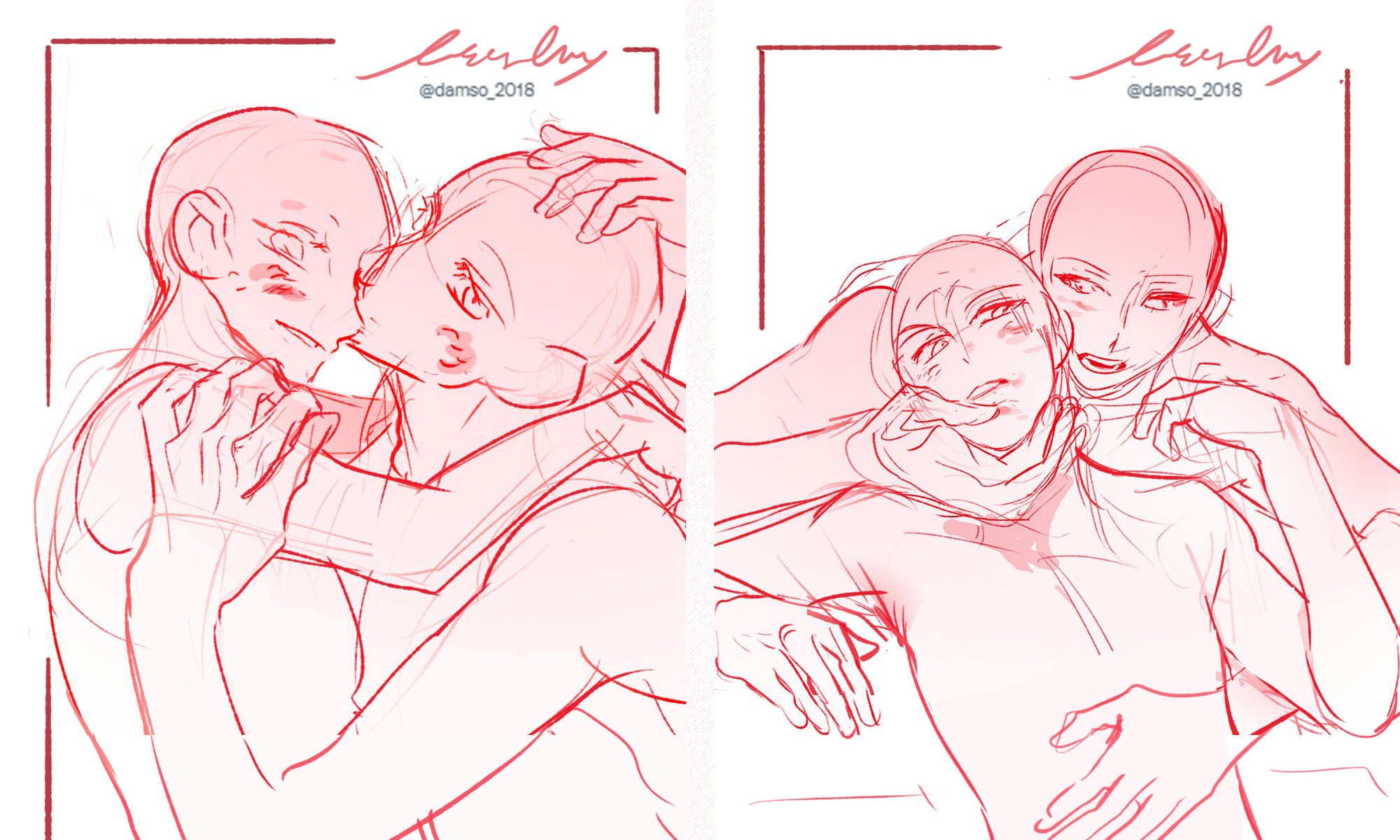 the image contains two panels of sketches depicting different interactions between a couple. the left panel shows a romantic scene with the couple kissing and embracing. the right panel portrays a violent scene where one figure is choking the other. the style is reminiscent of anime or manga character design, with detailed line work. the artist's signature, "@damso_2018," is visible in both panels.