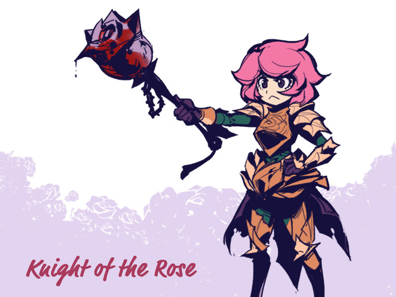a drawing of an anime girl in knight armor holding a weapon that is a red rose.  the background is purple and white with roses.  the text "knight of the rose" is at the bottom left side.