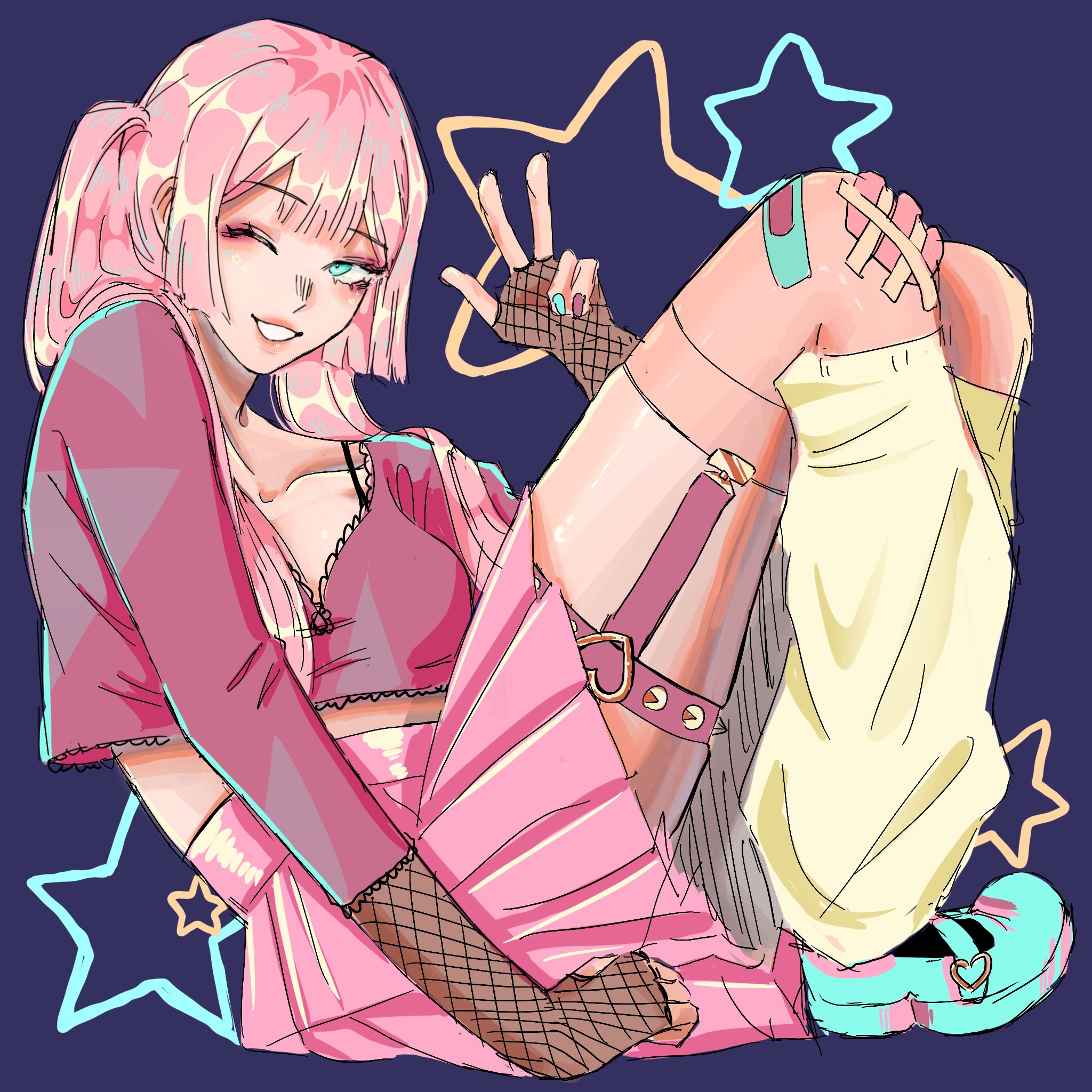this is a digital drawing of a pink haired anime girl sitting in a colorful outfit. she is wearing a pink skirt, a red top, and fishnet stockings. the girl has band aids on her knee and is wearing light blue and pink shoes. the background has a starry sky and the art is done in a rough, cartoon style.