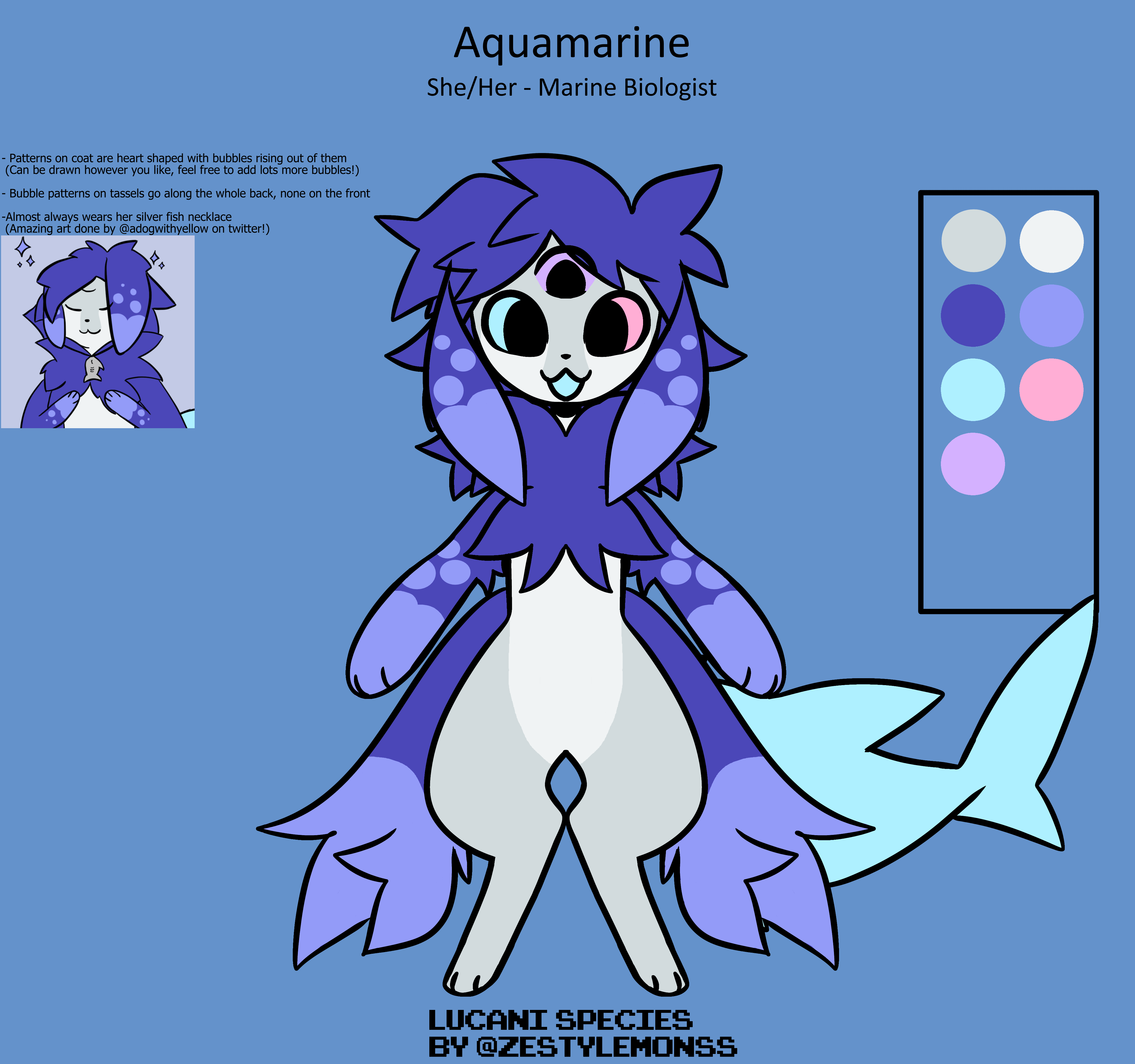 this is a digital illustration of an aquamarine, a species of furry creature made by @zestylemonss. aquamarine is a marine biologist. she has a blue and purple coat with heartshaped patterns and bubbles. she has a white body, a tail, and fins. she also wears a silver fish necklace. the image includes a color palette for the character.
