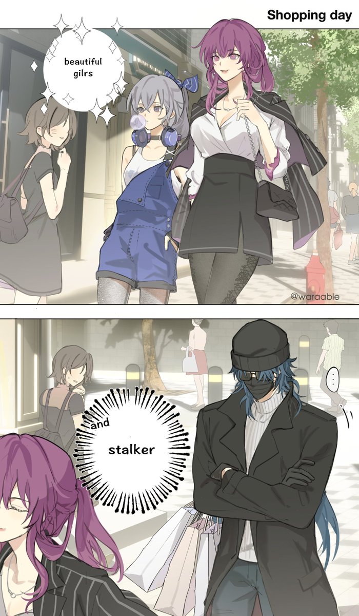 this is a comic book style image of a group of people in a city. there are four people in the image, three girls and one man. the girls are wearing nice clothes and are holding shopping bags. the man is wearing a black coat, sunglasses, and hat. he appears to be looking at one of the girls. the speech bubbles above the people contain text that says "beautiful girls" and "stalker." the scene is set outdoors on a sunny day.