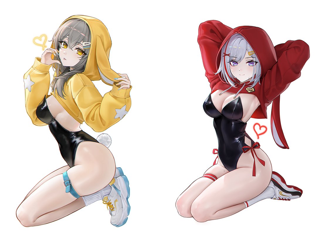 the image showcases two animestyle female characters, each presented in a separate panel. both have long hair, are kneeling, and are wearing a bodysuit and a hooded sweater with bunny ears.  the character on the left is wearing a yellow hoodie and the one on the right wears a red hoodie. both are wearing similar black bodysuits and have a slightly suggestive pose.  the background is pure white, making the figures stand out prominently.  small hearts are featured near each character. the art style is clean, detailed and emphasizes the characters' physical features in a stylized manner.