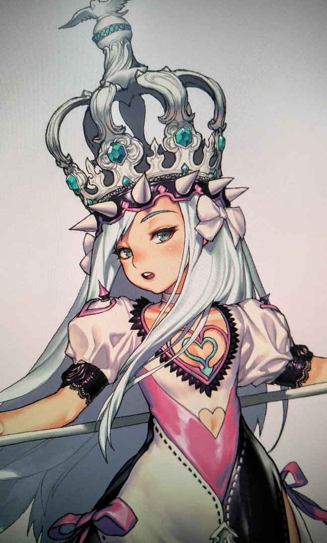 this is a digital art piece of an anime style princess. she has long, flowing white hair with a silver crown with turquoise jewels on her head.  she is wearing a white dress with a pink and black heart design that is very revealing. she is holding a sword in her hand.