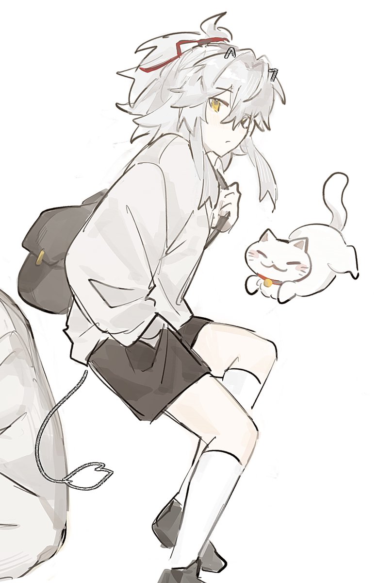 a simple line art illustration of a female anime character with white hair and a cat. she is wearing a white shirt, black shorts, black bag, and white socks with black shoes. the cat is white and has a red collar. the image is drawn in a sketchy style.