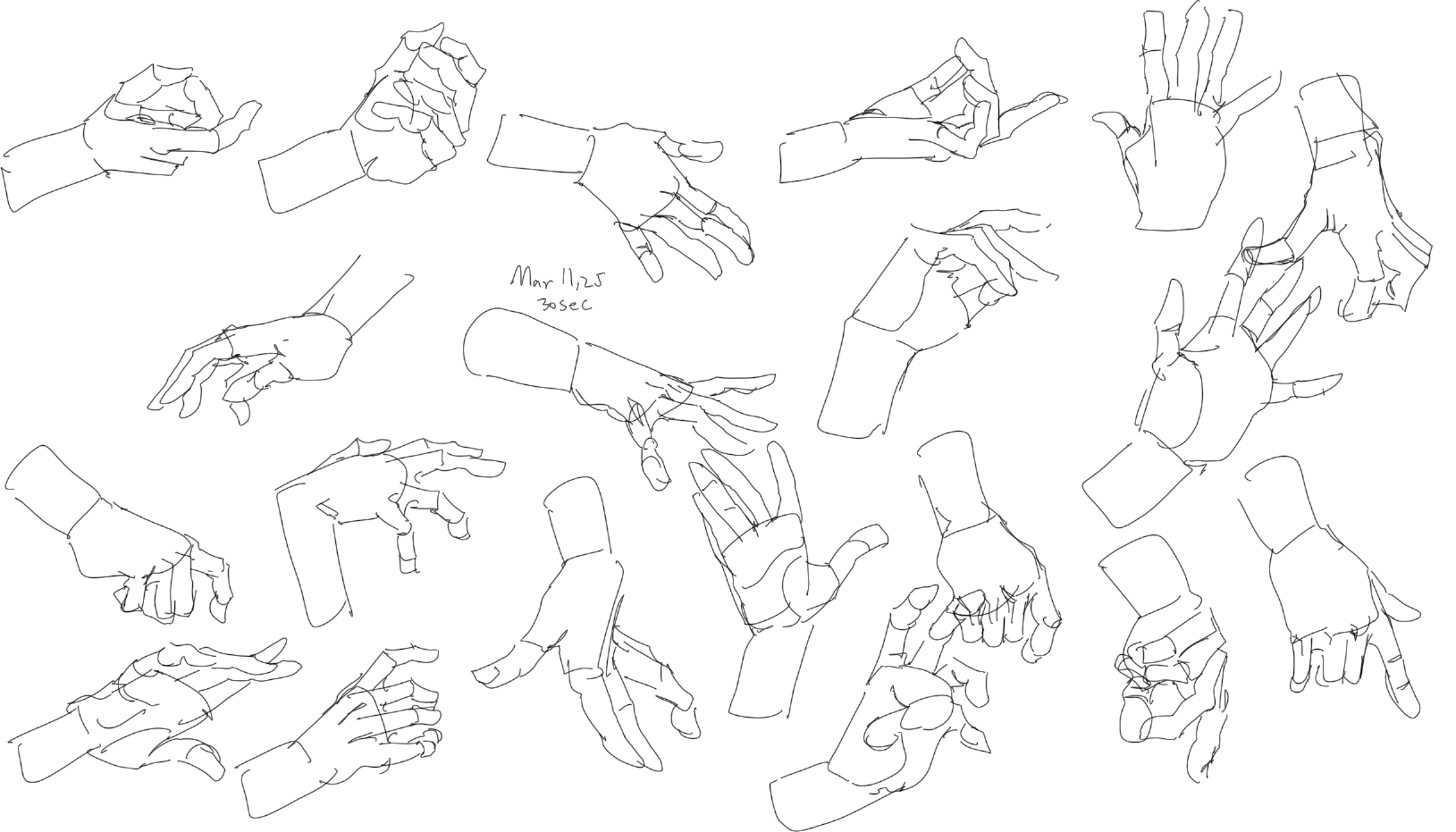 the image is a compilation of multiple hand sketches in various poses, created with a minimalist line art style. the sketches focus on capturing the gesture and anatomy of the hands, with clear outlines defining the fingers, palms, and wrists. the drawings are presented in black and white and appear to be from a sketchbook or drawing practice session. a note in the middle specifies that the sketches are dated "mar 11, 25" and were done in "30sec".