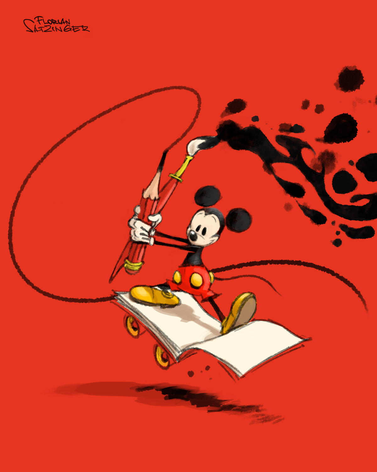an illustration shows mickey mouse drawing with a paintbrush while riding a book with wheels. the background is red and there is an ink splatter coming off of the paintbrush. mickey is holding a pencil in his other hand. the illustration is signed by florian satzinger.