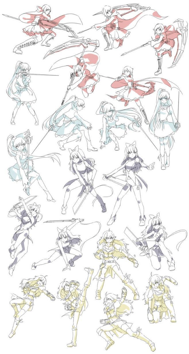 the image is a sketch of a girl in multiple poses, most of them fighting poses. the girl is drawn in a cartoon anime style and is wearing a red, white, and black outfit. she is holding a sword in some of the poses, and she has a determined expression on her face. the image is drawn in a simple and clean style.