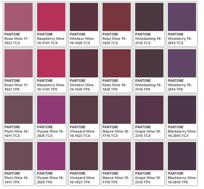 the image shows a collection of pantone color swatches in various shades of wineinspired colors, arranged in a grid format. each swatch includes the pantone name and its corresponding code, with both tcx and tpx versions provided for each color.