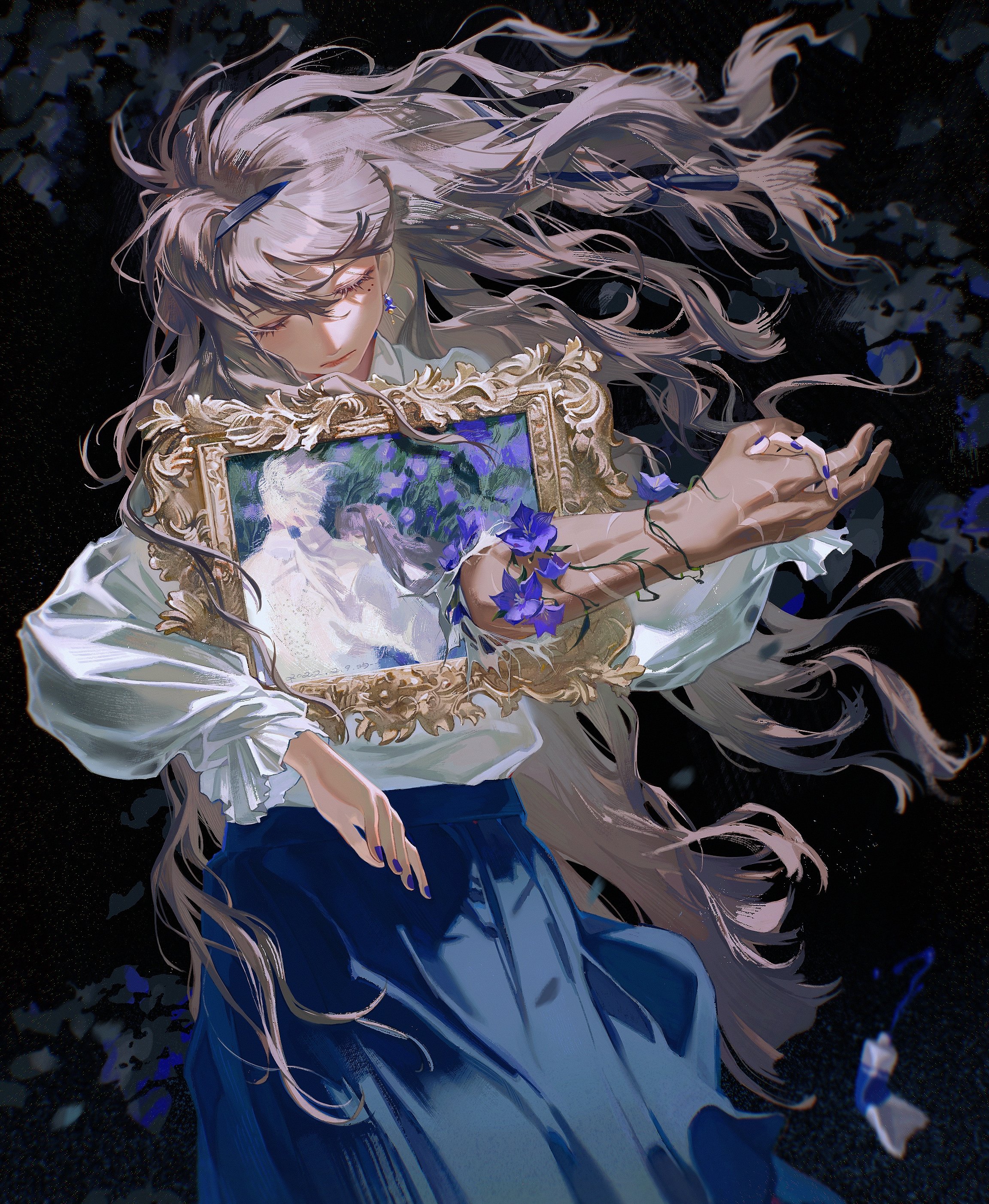 the artwork showcases a young girl with long flowing white hair, adorned in a white shirt and a blue skirt. she gently holds an ornate goldframed painting that displays a serene scene of a woman amidst a field of blue flowers. notably, blue flowers and entwined vines appear to emerge from the painting, extending onto the girl's arm, blurring the lines between reality and the art she holds. the backdrop is a dark, almost ethereal night, emphasizing the magical and somewhat melancholic atmosphere of the scene.