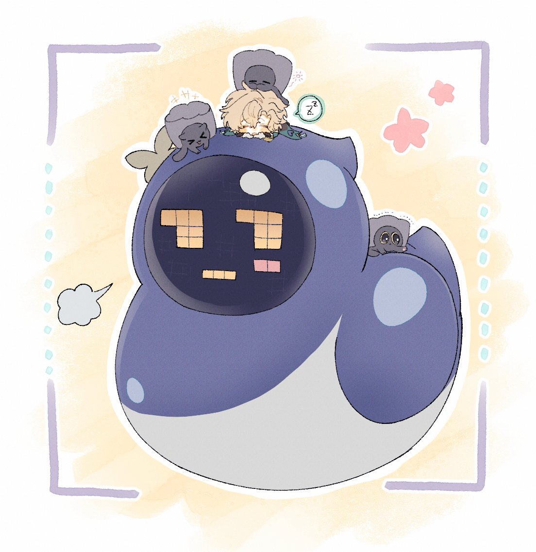 the image is a digital drawing featuring a large, purple bloblike creature with a simple face resembling a digital display. several small, chibistyle characters are resting on top of the blob, seemingly asleep or relaxed. the characters are diverse in design and color. the overall style is cute and playful, with a soft color palette and whimsical details. the background is a light yelloworange wash with a simple light purple frame.  the atmosphere is peaceful and heartwarming.