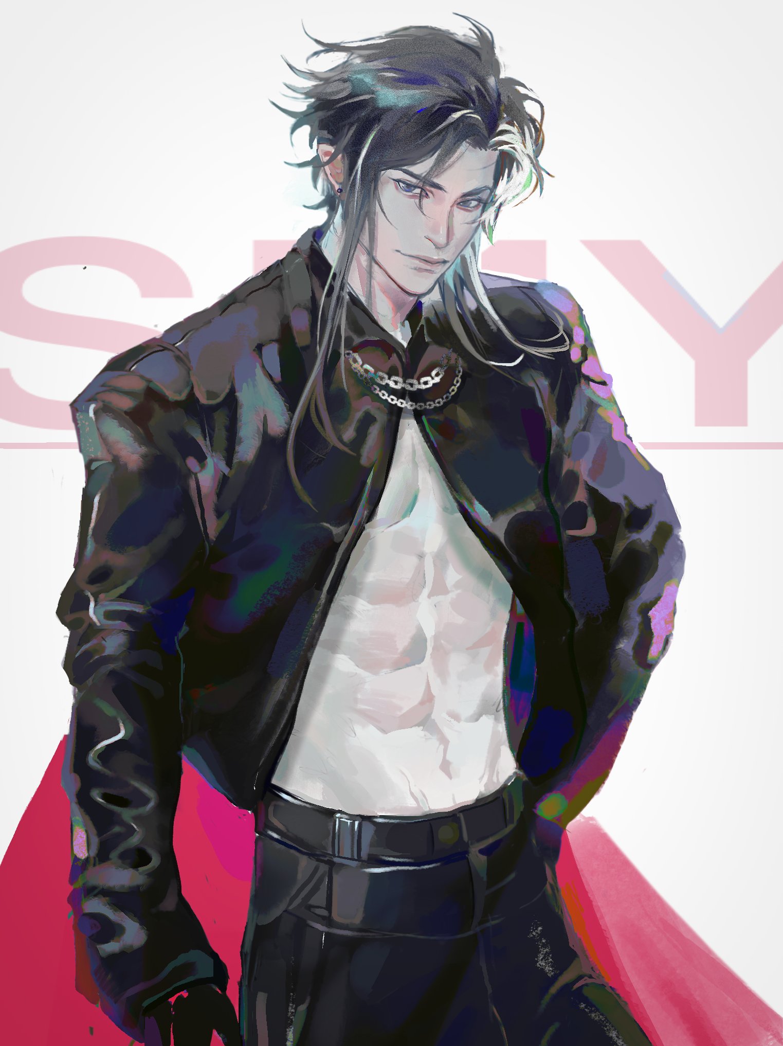 a digital illustration of an anime character with white hair and blue eyes. he is wearing a black leather jacket and black pants. he is staring at the viewer with a cool and confident expression. the background is a white wall with a pink sign that says "sly."