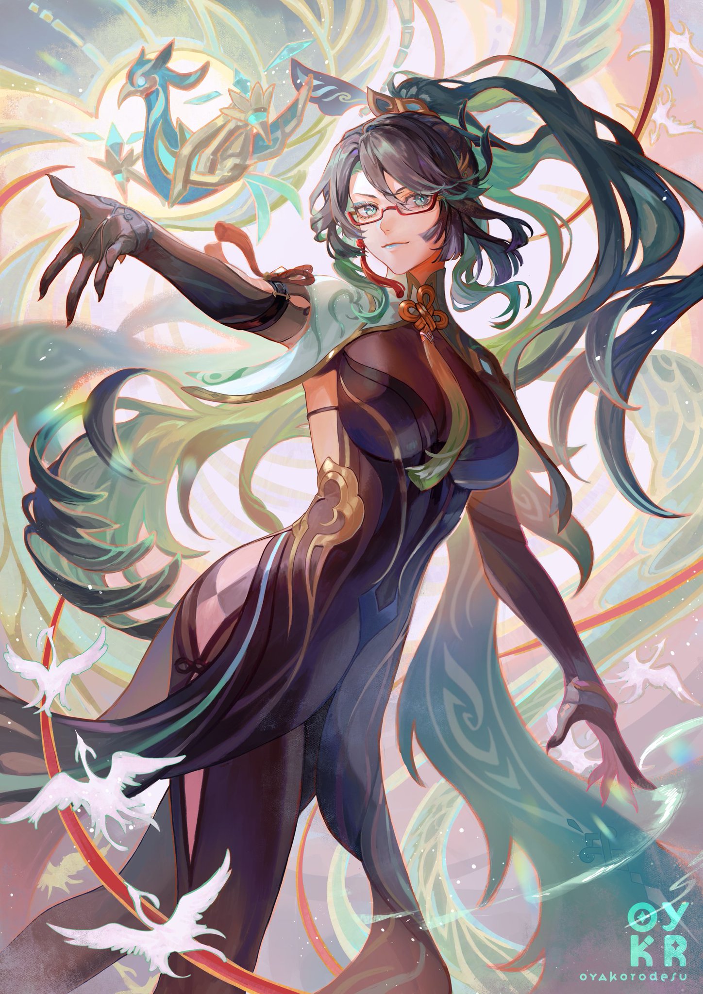 this is a digital artwork featuring a young anime woman with long black hair and green eyes. she is wearing a long black and green dress, and is surrounded by white birds and flowers. the background is soft and colorful, with a mystical and magical feel.