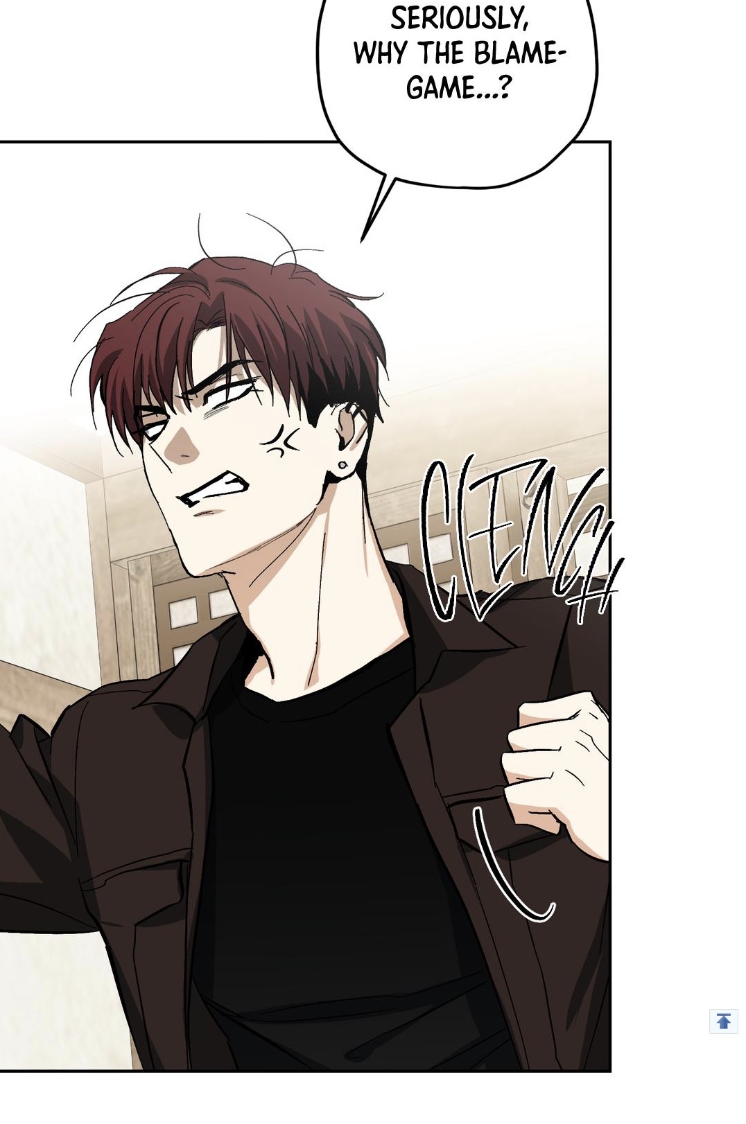 he image shows a closeup of an angry young man with brown hair. he is clenching his fist and his face shows clear frustration. the background suggests a building's interior, and there is a speech bubble above his head, which contains the text "seriously, why the blamegame...?". his attire includes a darkcolored jacket. the style is reminiscent of comic book or manga illustrations.