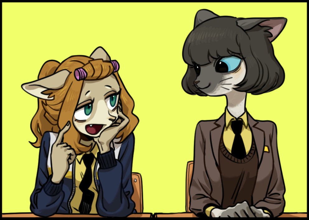 two anthro cat students sit at their desks in a classroom, the one on the left is a female cat with brown hair and a purple hair clip, she is looking and talking to the cat on the right, the right cat has black hair and a white necktie and sweater, they are both wearing school uniform blazers. the background is yellow, possibly representing a wall.  the left cat has one paw on the desk and is gesturing with her right hand while the cat on the right has both paws on the desk. they are looking and talking to each other.