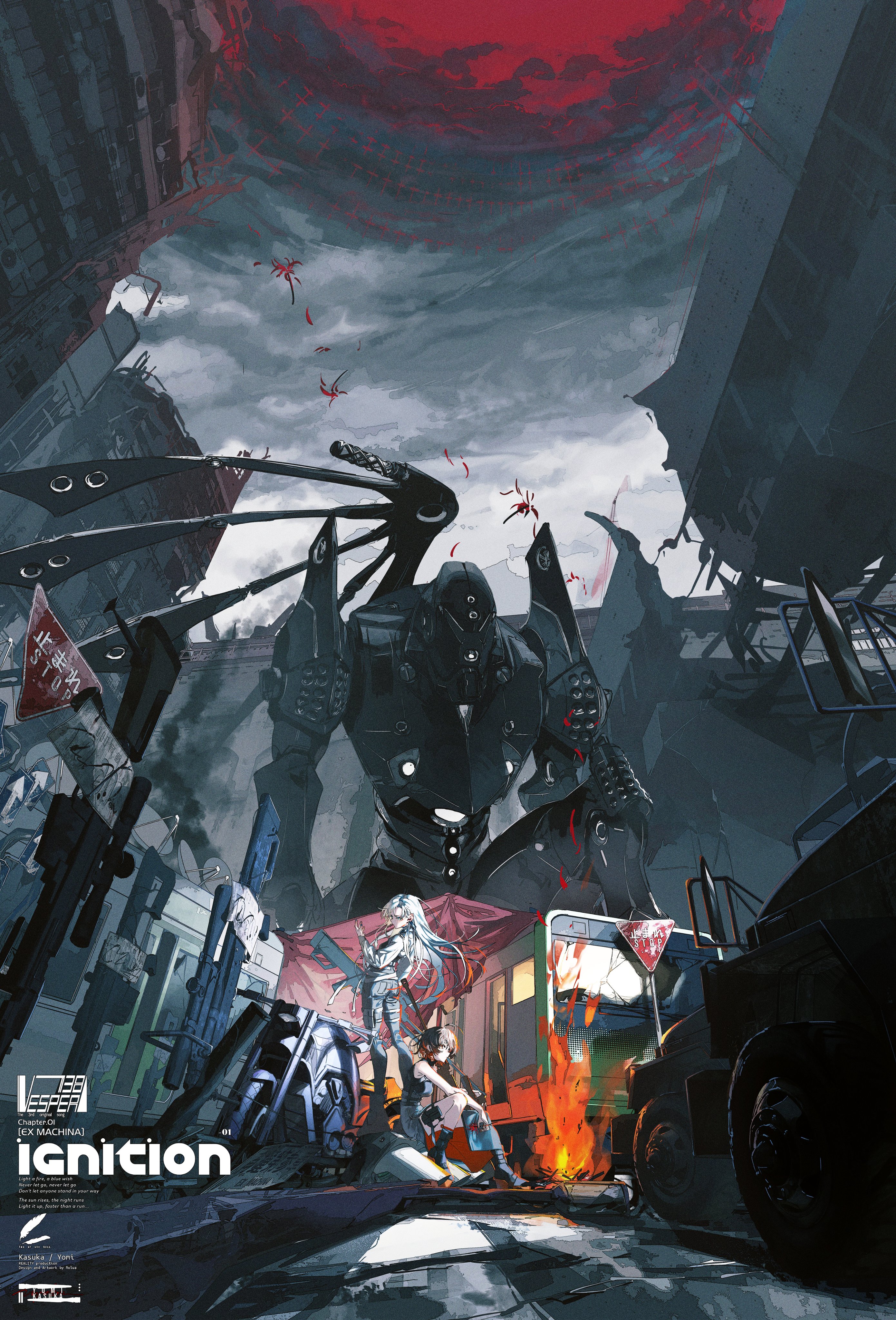 the image depicts a scene from a futuristic, postapocalyptic anime. a towering mecha stands amidst a ruined cityscape, while two female characters stand in the foreground, looking on. one of the girls has white hair and wears a white and black outfit, the other has black hair and wears a dark, tactical suit. the city has been destroyed and many buildings are crumbling. the red sky and burning wreckage suggest that a battle has recently taken place. the mecha's silhouette is imposing, its weapons are visible, and a sense of tension and danger pervades the scene. the anime girl's expressions and body language suggest that they are ready for whatever comes next, while the giant robot is a symbol of power and destruction. the image is dynamic and exciting, and it is clear that the characters are about to be involved in a lifeordeath situation.
