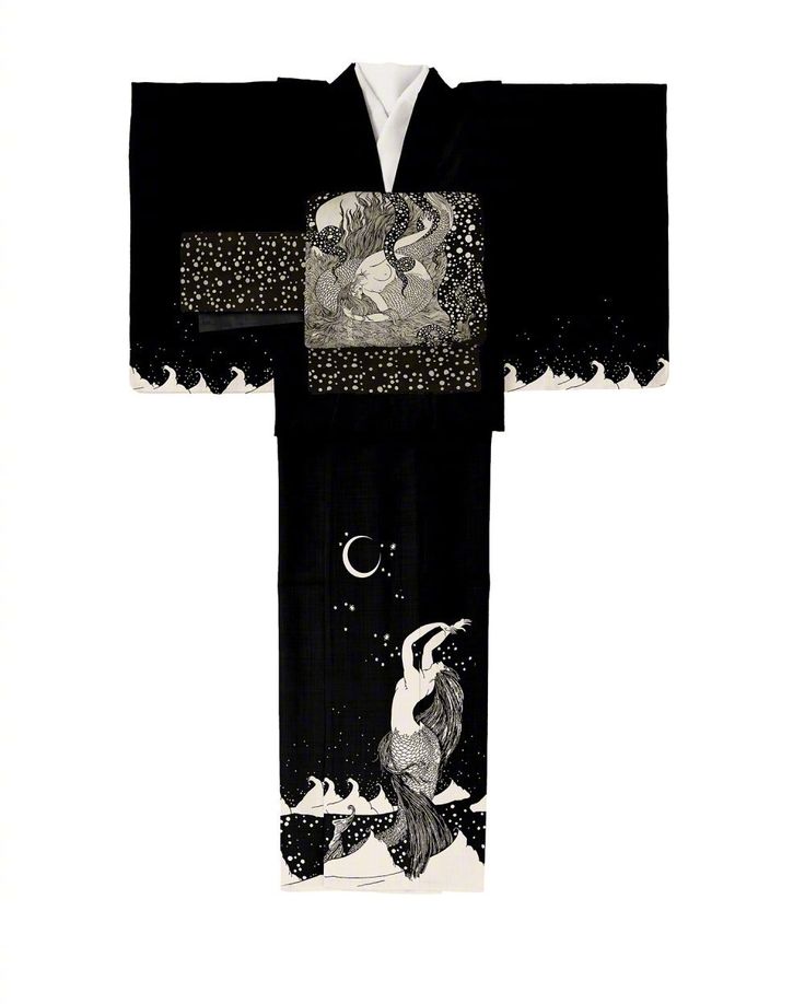 a black and white image of a traditional japanese kimono. the kimono features a white collar and is decorated with various illustrations. the obi belt shows a square drawing of an octopus surrounding a woman. the kimono's long part features a crescent moon with stars, and a drawing of a mermaid sitting on rocks near waves. the hems of the sleeves and bottom part of the kimono also display a wave pattern.