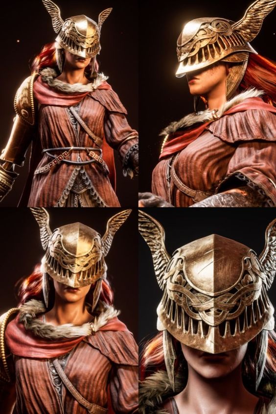 the image showcases a 3d rendered female warrior clad in ornate, goldaccented armor. the focus is on her unique helmet, adorned with intricate designs and prominent wings. she is depicted from various angles, highlighting the detail of her attire and fierce expression. the warm, dramatic lighting enhances the metallic sheen of her armor and creates a sense of power and strength.