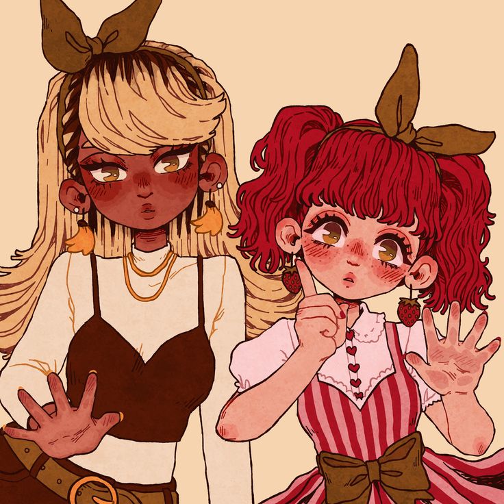 this image is a digital drawing of two anime girls. one girl has long blonde hair with brown skin and is wearing a black top, a white shirt underneath, a gold necklace, gold belt and yellow earrings. the other girl has red hair and is wearing a red and white striped dress with a brown bow and strawberry earrings. the blonde girl is gesturing with her hand and the redheaded girl is gesturing with both of her hands, with one hand on her mouth, as if shushing the other girl. the girls are standing together against a white background.