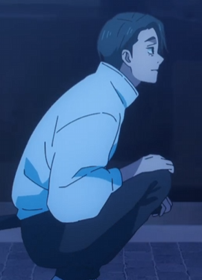 a young man with short, dark hair is crouching on a sidewalk at night. he is wearing a pale blue sweatshirt and dark pants. the lighting is dim, casting shadows on his face and creating a melancholy mood.  the overall palette is blue and gray, contributing to the somber atmosphere.