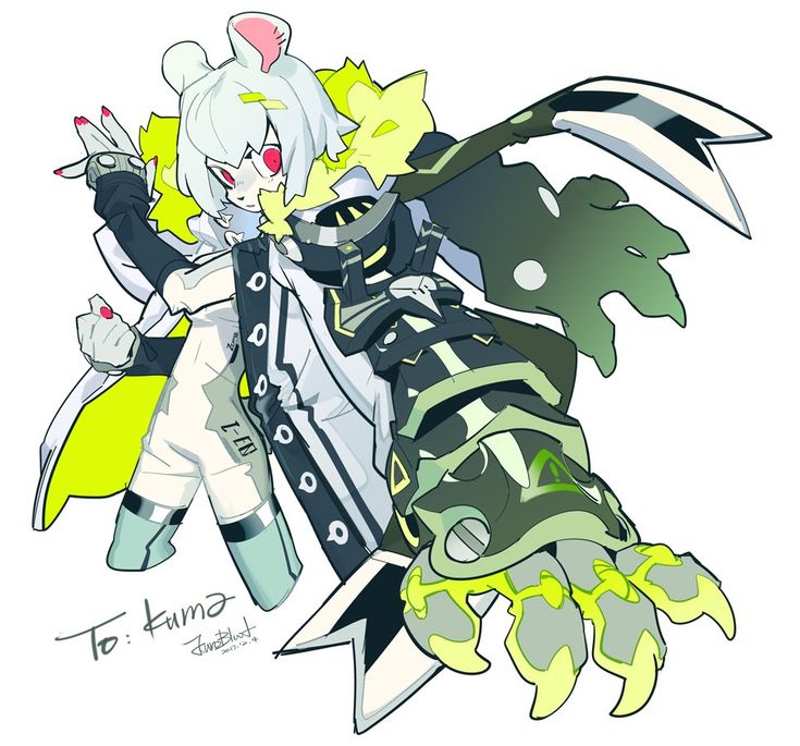 the image is a vibrant digital drawing or fanart depicting a stylized female anime character. she has white hair and bunny ears, and wears a white and grey outfit with large, mechanical, green and yellow armmounted weaponry ending in sharp claws. the character is in a dynamic, actionoriented pose, her body angled and limbs extended.  her clothing and the background behind her features bright yellow and green highlights.  the style is animeinfluenced with a distinctive, sharp, and slightly exaggerated character design. a signature reading "to: kuma" and "twinblast" is present in the lower left corner. the overall mood is energetic and powerful.