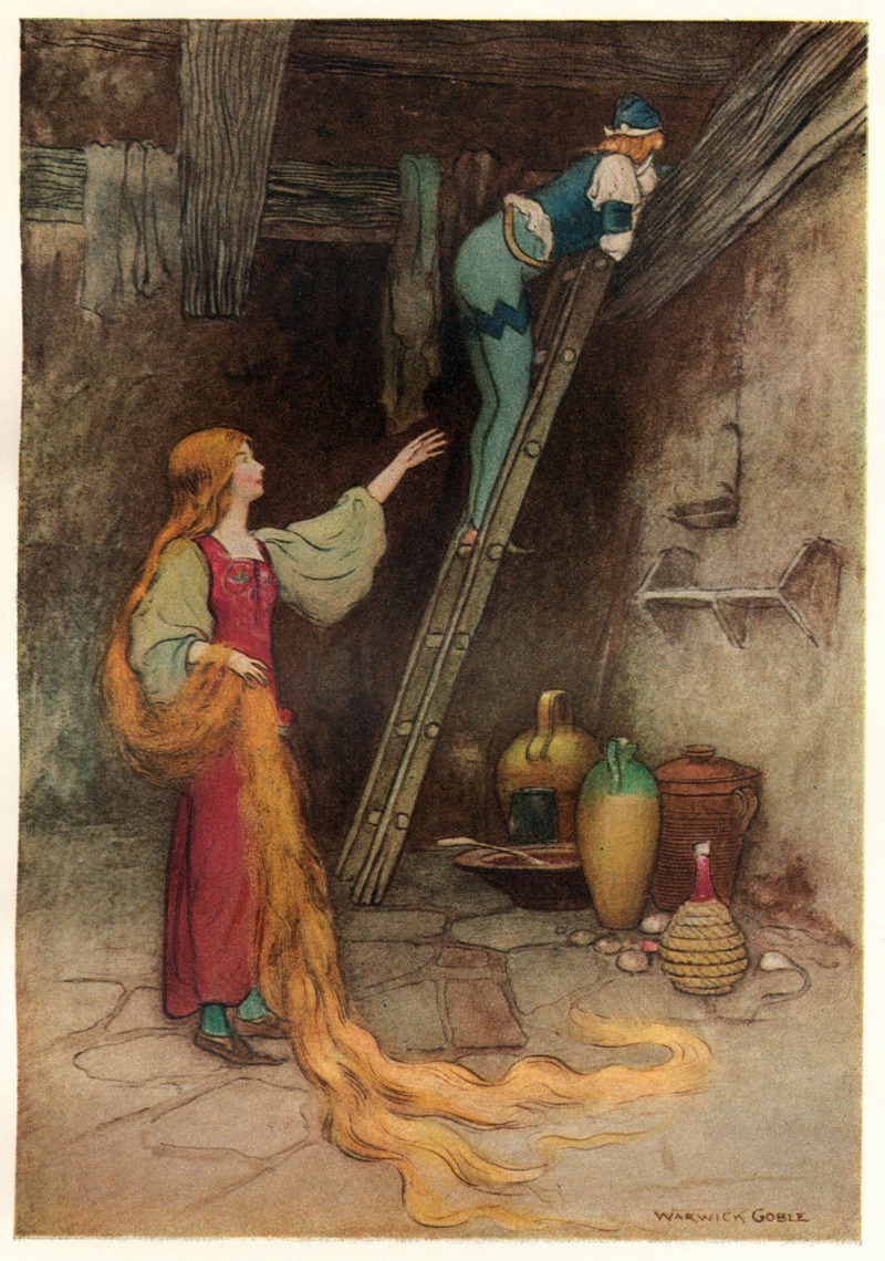 an illustration depicts a scene from the fairytale rapunzel. rapunzel, a maiden with exceptionally long blonde hair, stands near the base of a wooden ladder. she is dressed in a red dress with a green blouse, and her hair flows down, reaching the ground. a young man, presumably a prince, is climbing the ladder toward an opening in the tower. he is wearing a blue and green outfit with a matching cap. several pots and bottles are clustered at the foot of the ladder. the scene is set in a rustic tower interior, with wooden beams visible above. the artist's signature, "warwick goble," is in the lower right corner.