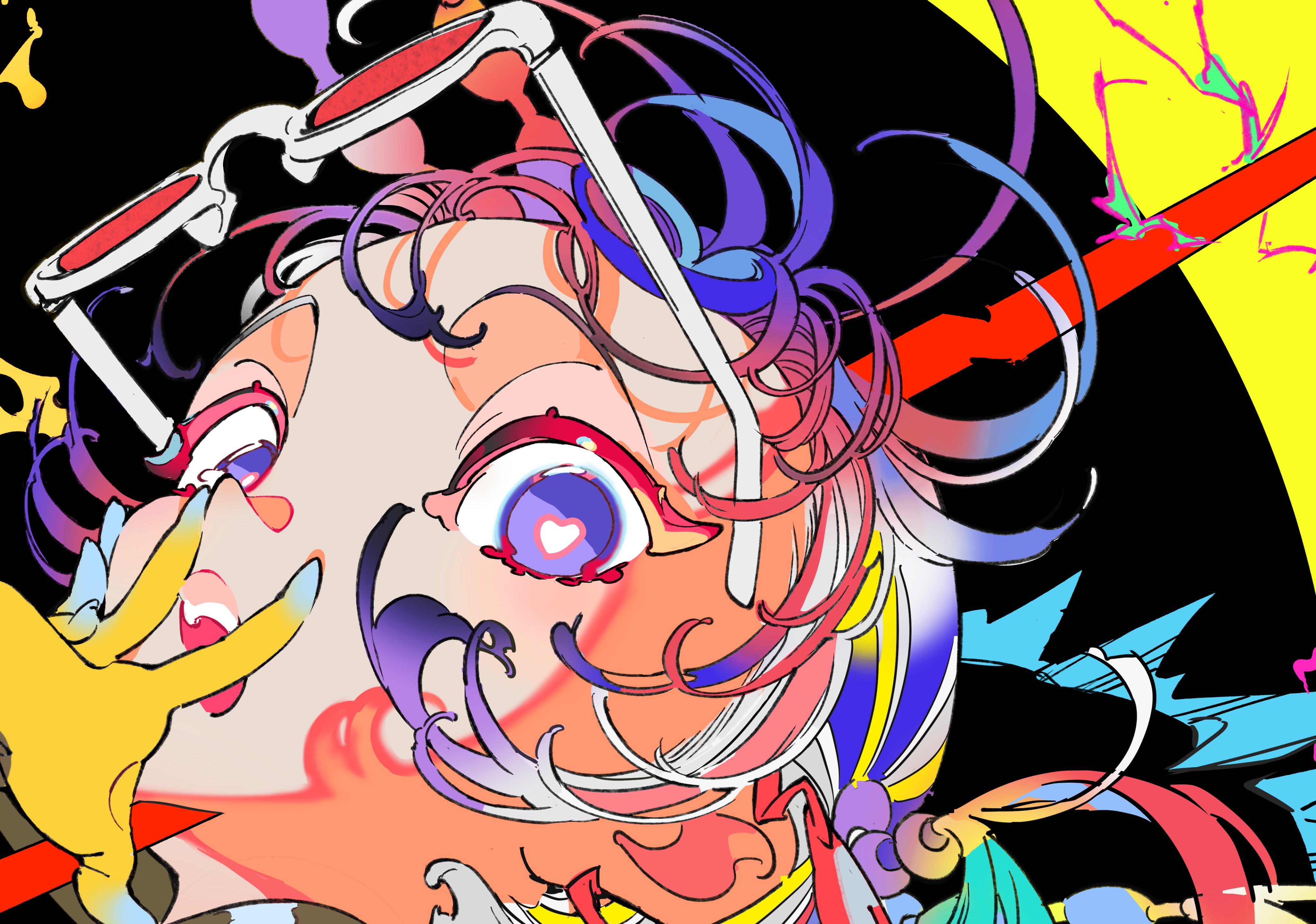 the image is a closeup illustration of a woman's face. she is drawn in a colorful, pop artinspired anime style. her hair is a mix of pink, blue, and white, and she is wearing red sunglasses with white rims. the woman has large, expressive eyes with a heartshaped reflection in one of them. she is also wearing a yellow glove and there's a red arrow pointing towards her face. the background is a vibrant mix of black, yellow, and blue.