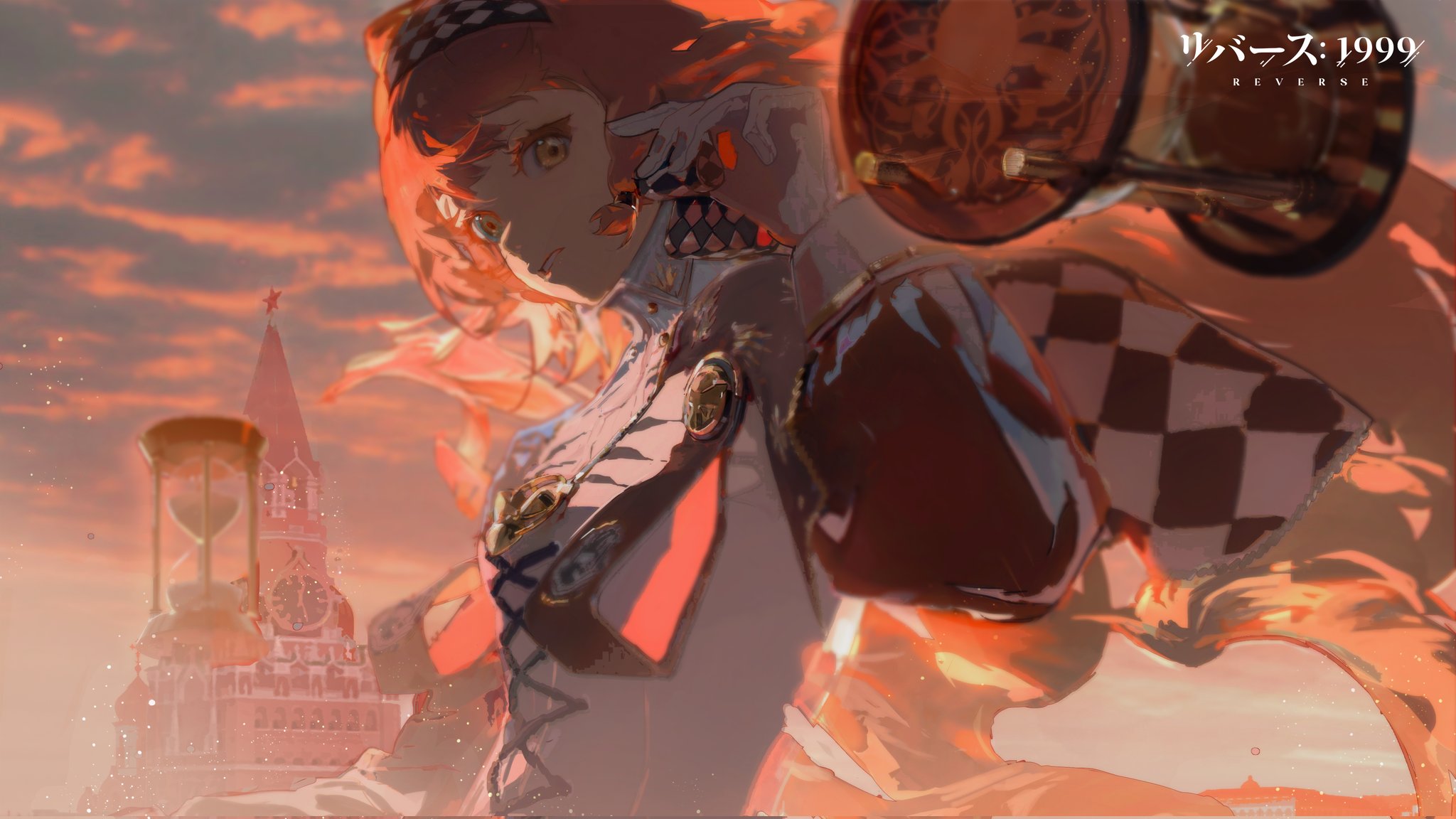 a beautiful anime girl with red hair and a red hat looks out over a city in the distance. the girl is standing in front of an hourglass and a clock. the sky is a vibrant sunset orange, and the girl is bathed in a warm glow. the image has a magical and fantastical feel.