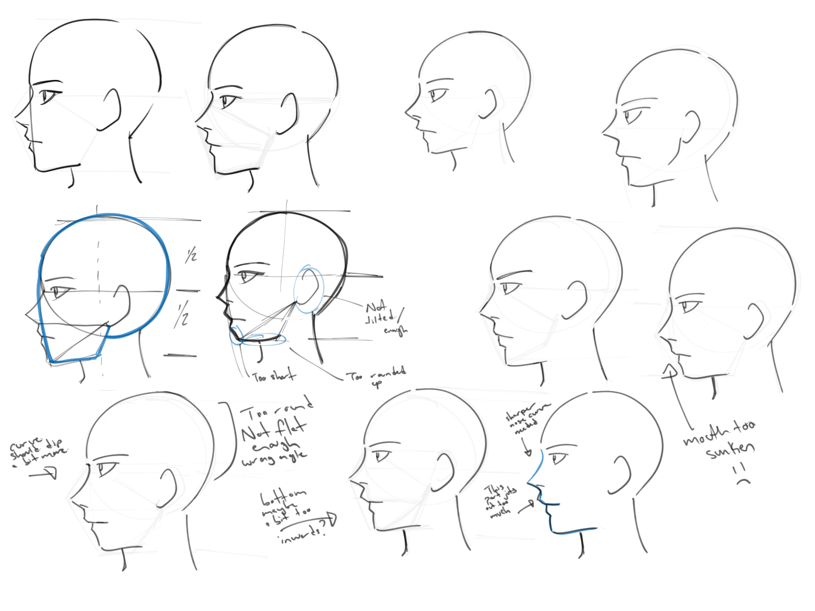 the image is a collection of sketches and diagrams focused on drawing faces in a cartoon or anime style, specifically from a side profile view. the drawings include the basic shapes and guidelines for structuring the head, face, and facial features such as the nose, mouth, and chin. notes are provided indicating areas of improvement or common mistakes in the drawings.