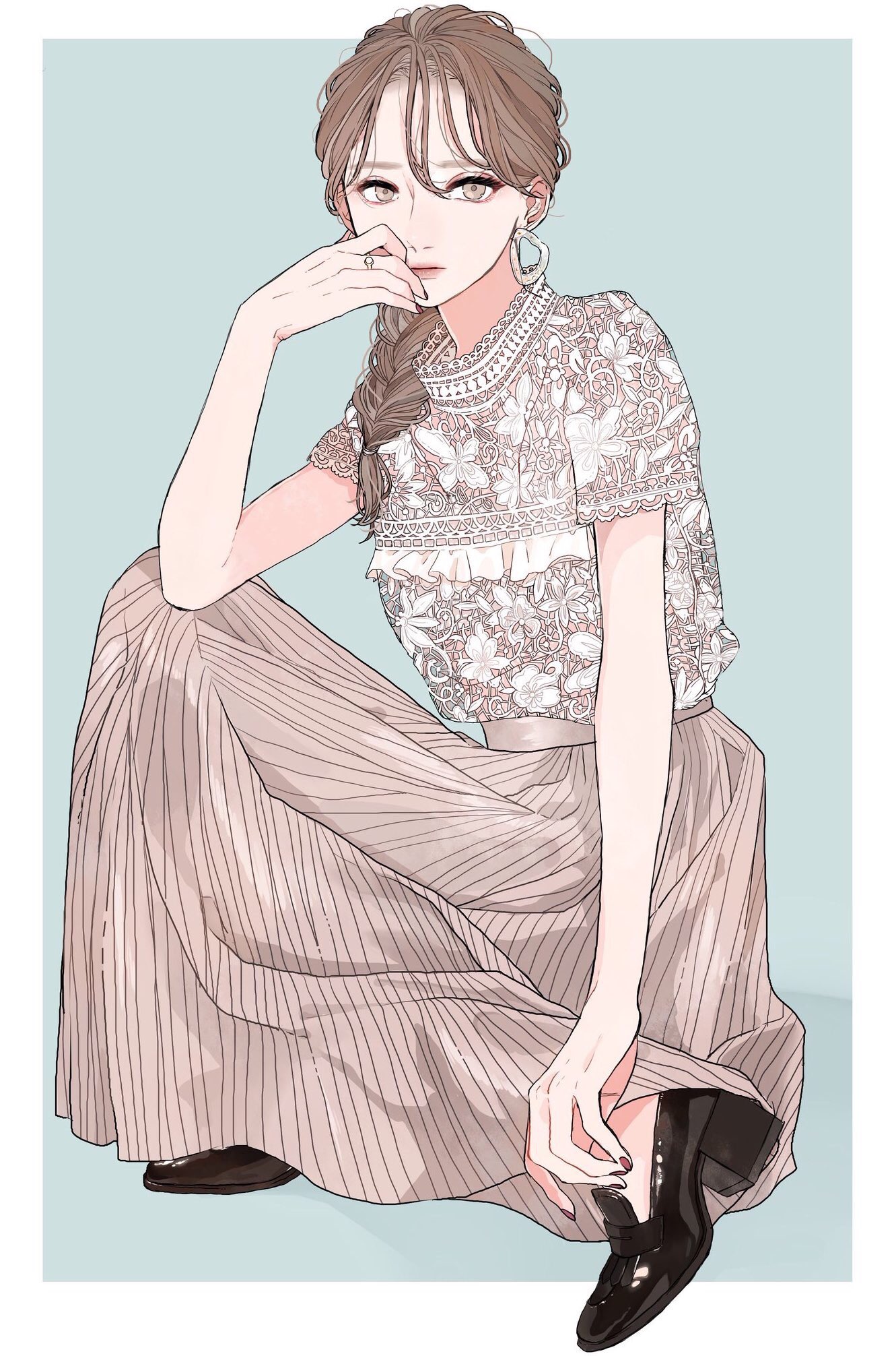 an anime style drawing of a woman crouching on the ground. she's wearing a tan skirt and a white blouse with floral patterns. her hair is styled in a braid and she has an earring and a ring. she's wearing black shoes. the background is light blue.