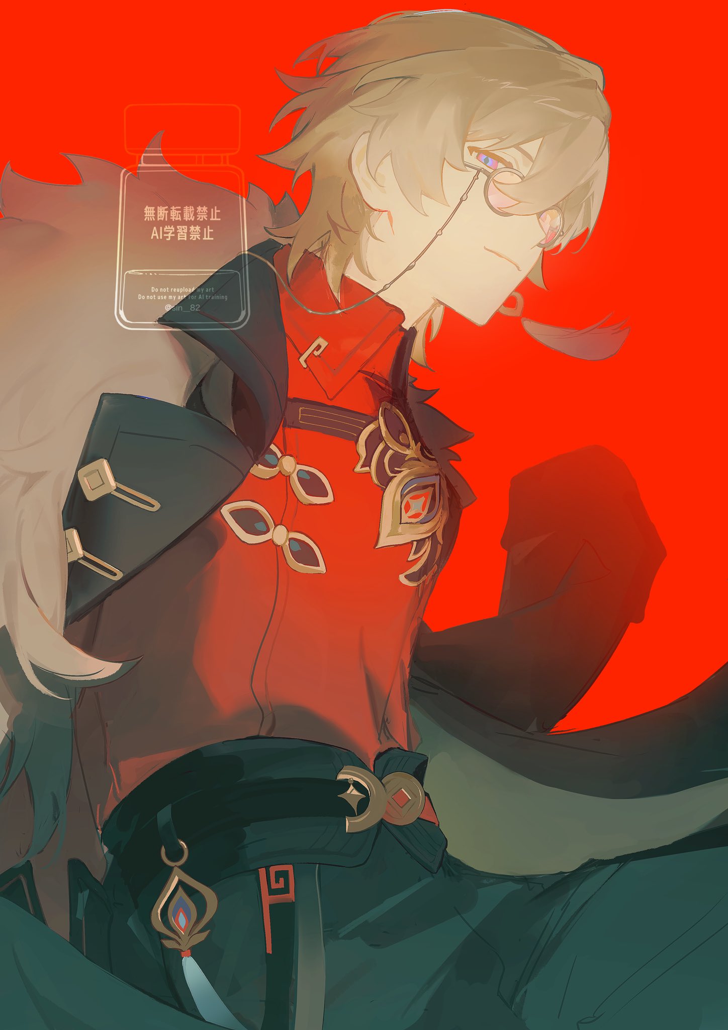 the image is a stylized digital fanart of scaramouche (kunikuzushi) from the game genshin impact. he is depicted in a closeup portrait, showcasing his blonde hair and a sophisticated outfit that blends asianinspired elements, notably a red, highcollared shirt or tunic with gold accents, reminiscent of traditional chinese clothing, paired with darkcolored pants and a long coat.  he's wearing glasses, lending an air of intelligence and sophistication.  the overall art style is animeinfluenced, with soft shading and a focus on lines and color to create a dynamic and elegant look. the red background contrasts sharply with the character’s outfit. a small, partially visible text box in the upper left corner appears to be in chinese, likely referencing ai generation restrictions.