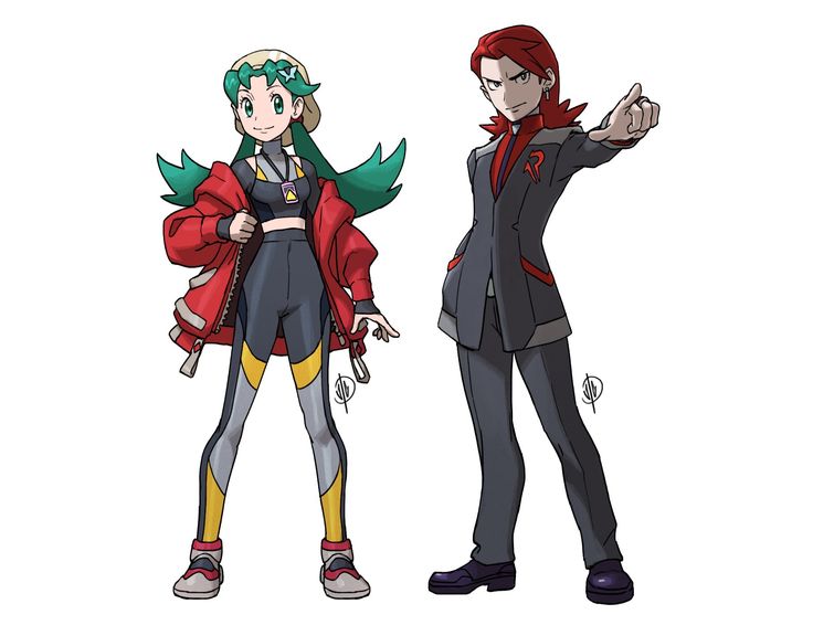 the image is a digital fanart depicting two stylized characters, reminiscent of the pokémon universe. on the left is a female character with bright green hair styled in a bob, wearing a red jacket over a sporty outfit. her overall look is modern and casual. on the right stands a male character with long, dark red hair, dressed in a sharp, dark gray suit with red accents, suggesting a more formal and possibly villainous style (reminiscent of team rocket's giovanni).  both characters are posed dynamically; the female appears relaxed and confident, while the male is in a commanding stance, one hand raised as if giving an order. the art style is clean and polished, in a style consistent with modern anime and manga, suggesting a deliberate and skillful design.