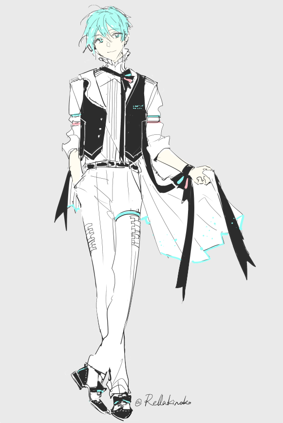 an animestyle illustration of a male character with light blue hair, wearing a suit with a black vest, white pants, and black shoes. he has a bow tie and ribbons, and is standing in a full body pose.