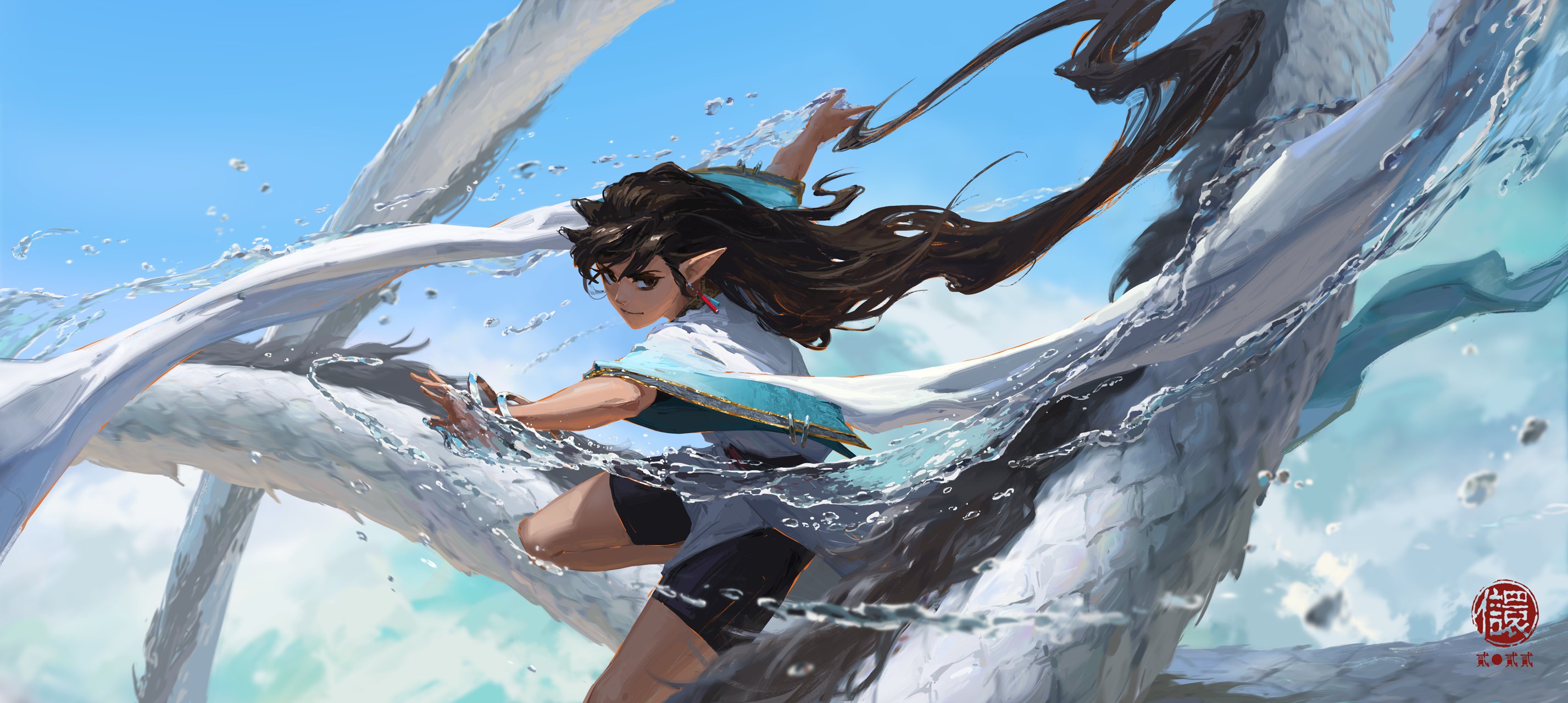 the artwork depicts a young animestyle female elf with long brown hair. she's wearing a white and teal outfit and seems to be interacting with or controlling a large amount of water, which swirls around her like a powerful, flowing entity, reminiscent of a dragon or a wave. her expression is determined and confident. the background is a bright, clear sky with wispy clouds. the overall style is vibrant and dynamic, conveying a sense of movement and magic. the artist's signature or logo is visible in the lower right corner.