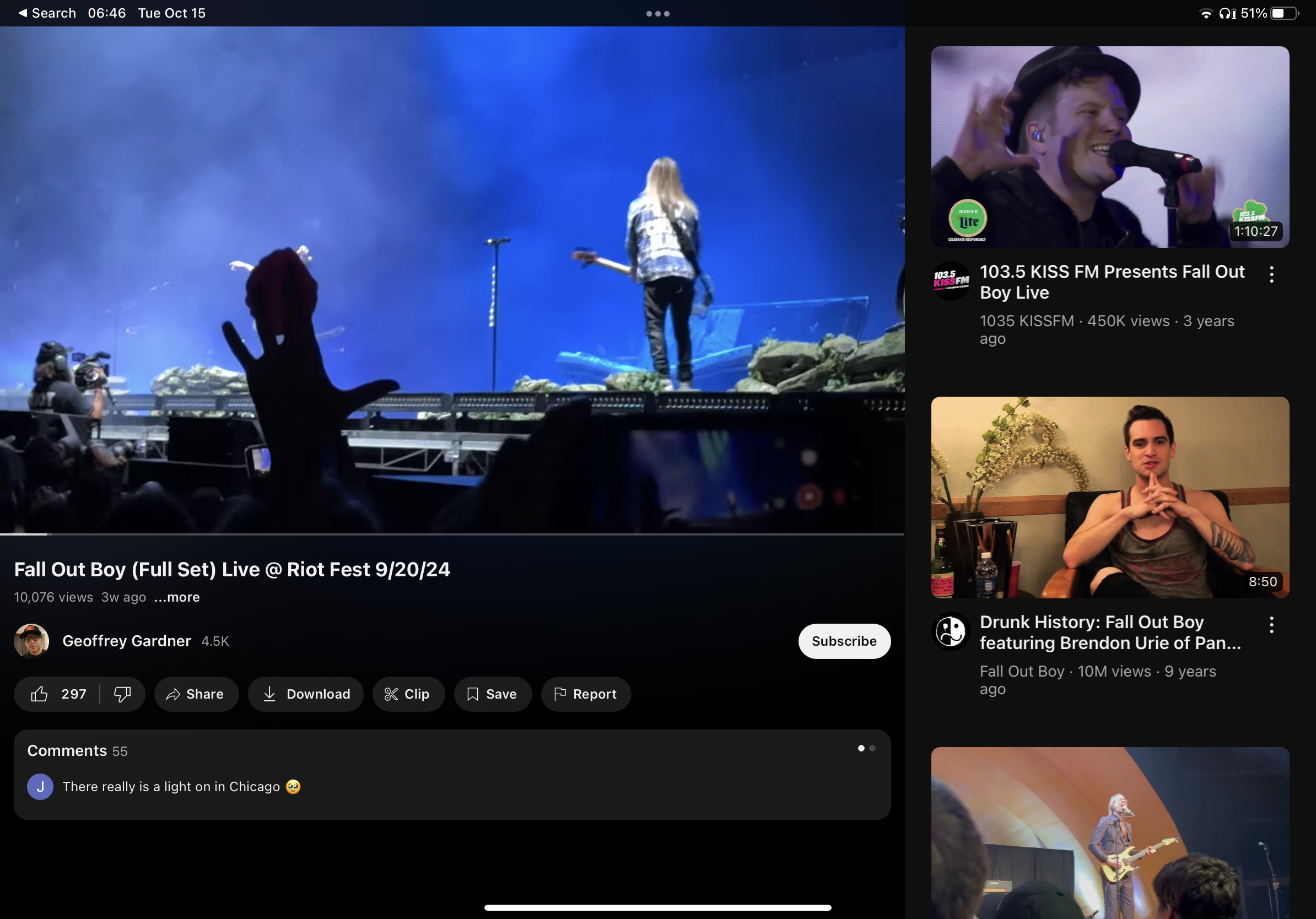 this image is a screenshot of a youtube video showing a fall out boy concert at riot fest in 2024. the video is titled "fall out boy (full set) live @ riot fest 9/20/24" and has over 10,000 views. the video was uploaded by a user named geoffrey gardner. the image also shows a related youtube video from 103.5 kiss fm titled "103.5 kiss fm presents fall out boy live" as well as a drunk history video featuring fall out boy and brendon urie of panic! at the disco.
