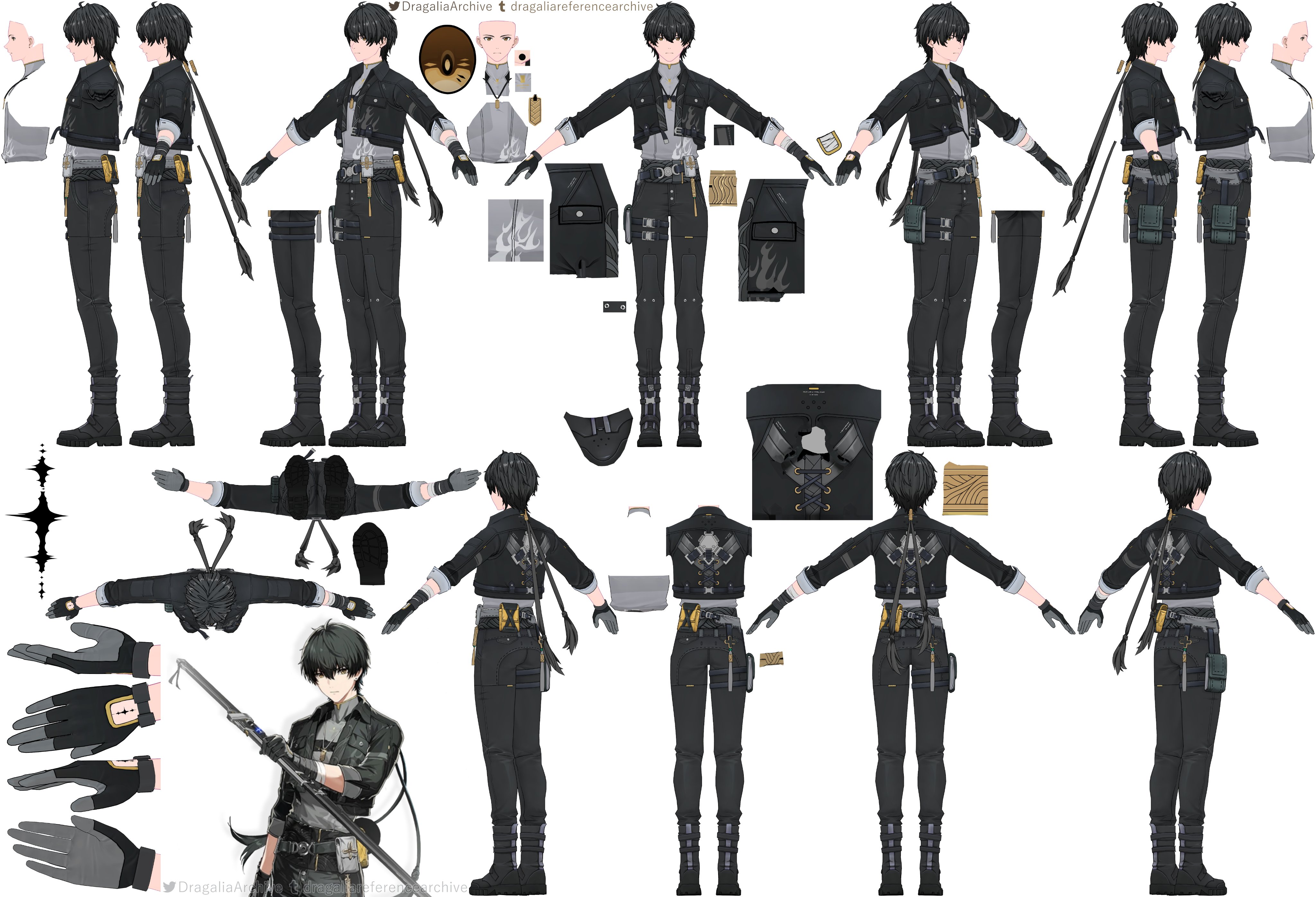 this image shows a comprehensive character model sheet for a male animestyle character. it includes multiple views of the character in various poses, showcasing the details of his outfit and accessories.  the sheet also breaks down individual elements of the character's attire, such as clothing items, weapons, and gloves, making it suitable for use in game development or animation. the character is clad in dark clothing with some metallic detailing. he carries a long, bladed weapon.  the image provides a variety of angles and closeups, ensuring a complete and clear understanding of the character’s design.