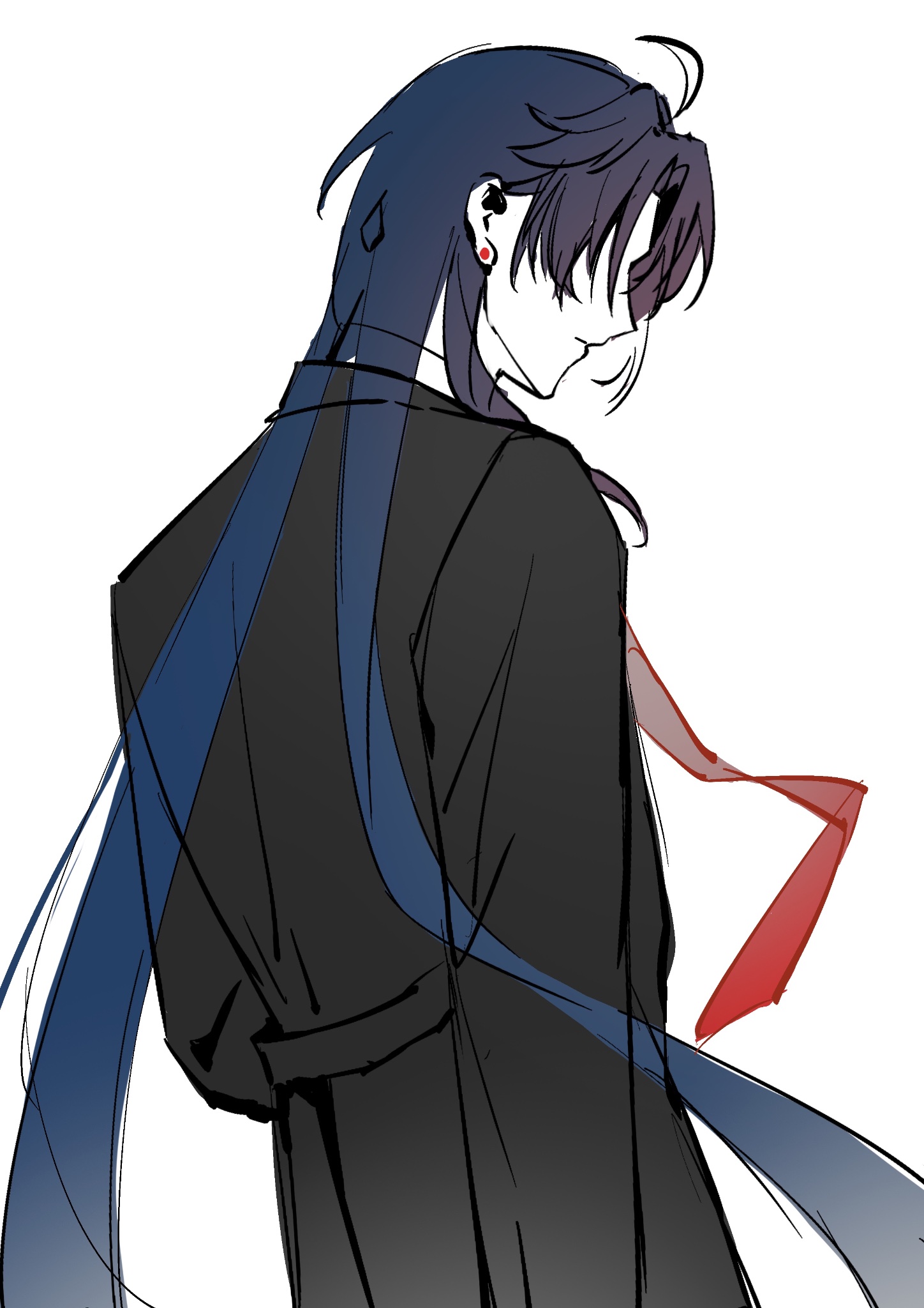 the image is an anime drawing of a boy in a suit. he has long black hair with a blue streak and is wearing a black suit jacket with a red tie. he has an earring in his left ear and is looking down with a sad, thoughtful expression. he is standing with his back to the viewer, and his long hair is flowing behind him.