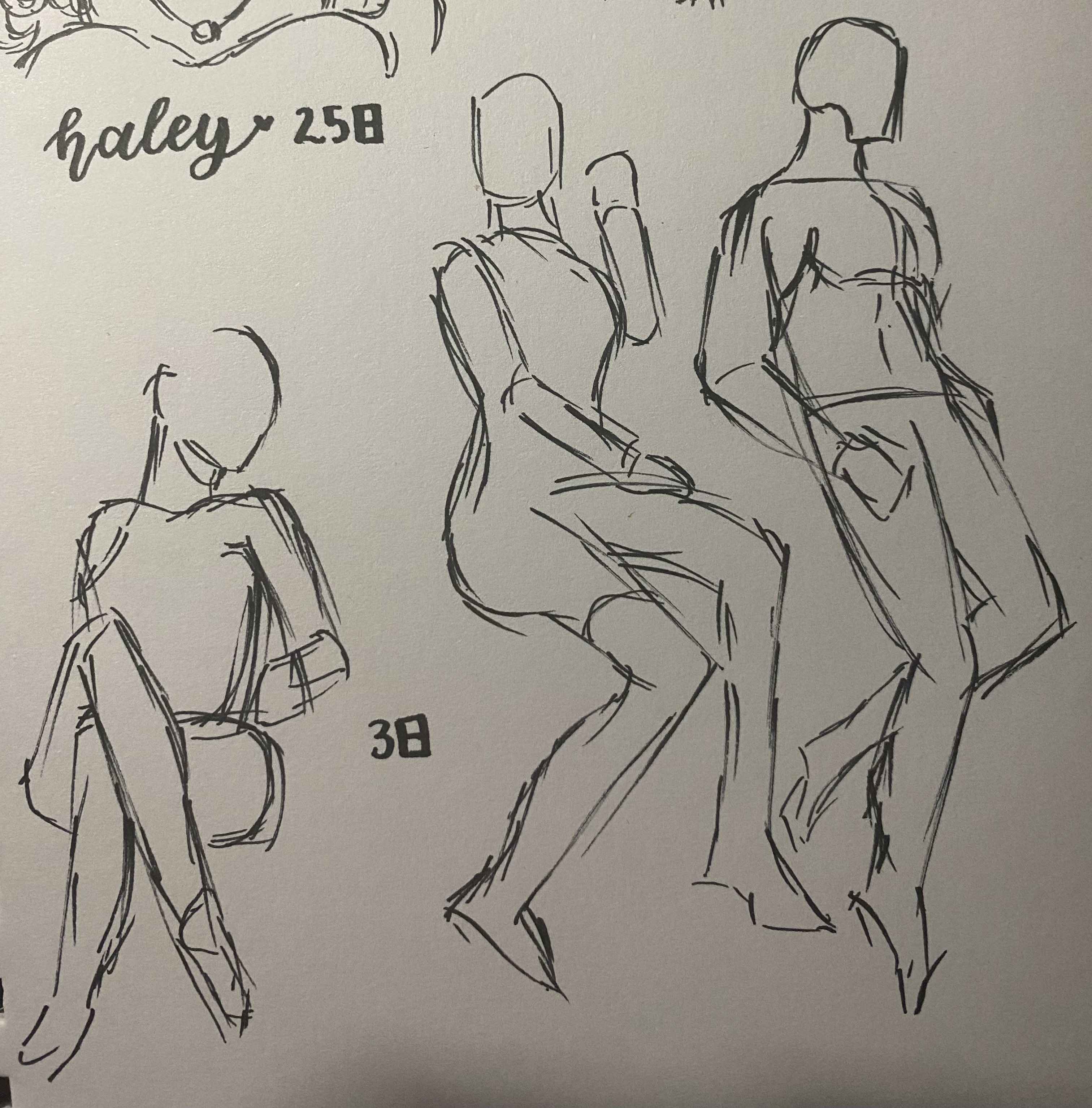the image shows a page from a sketchbook containing several quick figure drawings. the style is gestural, focusing on capturing movement and pose rather than precise detail. there are three distinct figures:  one figure is seated with legs crossed, another is seated with one leg extended, and a third is standing, potentially in a leaning or relaxed posture.  the drawings are done in ink, with varying line weights to suggest form and shadow.  the numbers "258" and "38" are visible, possibly indicating dates or page numbers. the name "halley" is also written on the page, likely the artist's name or a project identifier.  the overall impression is of studies in human form and movement, perhaps created for fashion design or figure drawing practice.