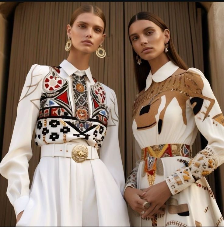 two models pose for a photoshoot. the model on the left wears a white embroidered western shirt and a white skirt with a gold belt. the model on the right wears a white dress with brown, black, and gold embroidery. both models wear gold earrings.