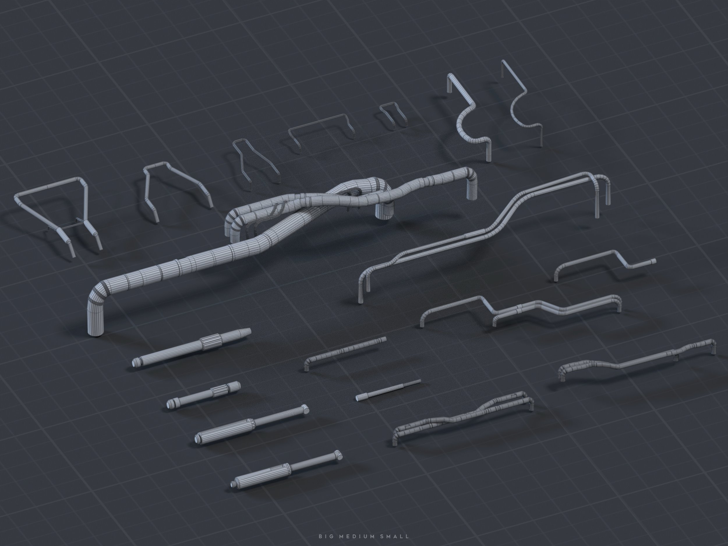 the image shows a 3d wireframe model of various pipes and tubing components of different sizes, shapes, and configurations. the components range from simple straight sections to complex junctions and curves. they are presented in an isometric view on a dark gray gridded background, suggesting a technical or engineering design context.  the sizes are categorized as "big, medium, small" indicating scale variations.  the wireframe style showcases the underlying structure of the model, highlighting the individual parts and their connectivity. the overall impression is a collection of elements for industrial or mechanical applications.