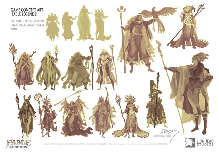 this image is a collection of concept art for a game character named celeste, in the game fable legends. these sketches show the character from different angles and perspectives, with variations in dress and pose. each sketch is done in a digital medium, showing celeste in a fantasy setting as a wizard, holding a staff and wearing a long flowing robe.  the sketches are designed to provide visual ideas for the development of the character.  the art style is whimsical and cartoonish.
