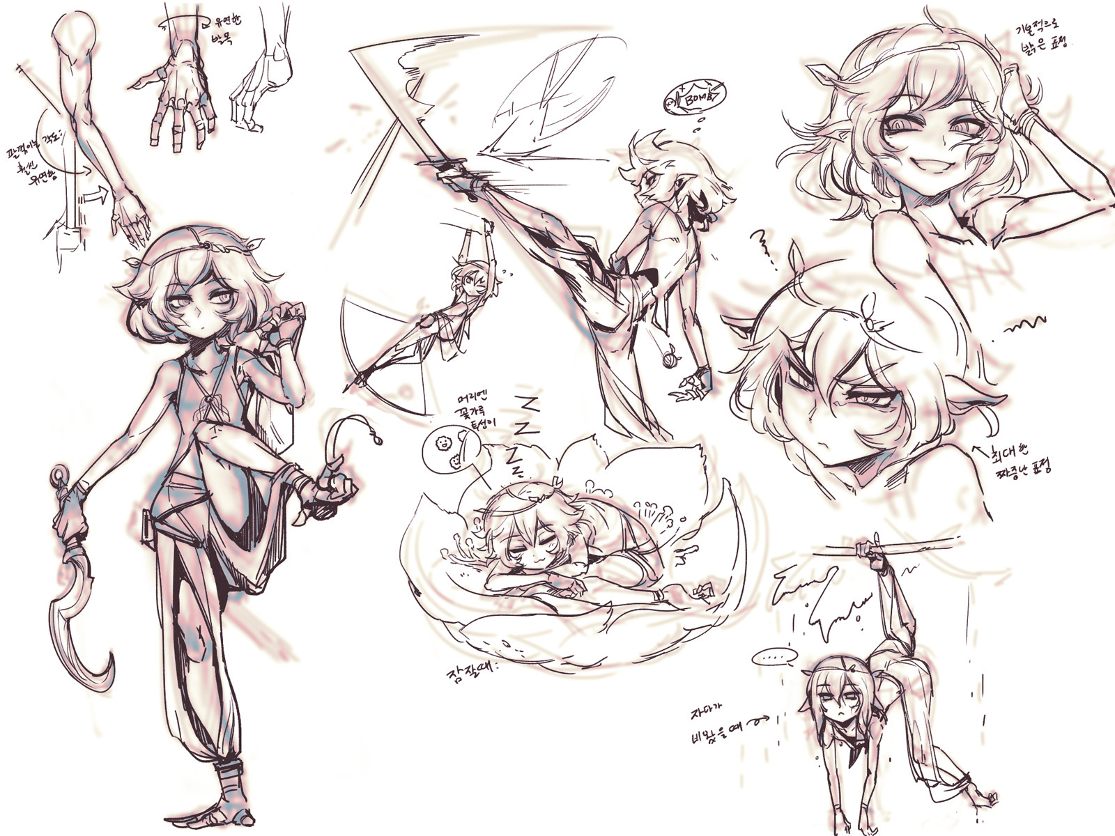 this is a sketch of a character. it is an anime style drawing of a young girl.  she is in a variety of poses, showing her flexibility. she is holding a dagger and has a flower in her hair.  she is also shown sleeping and looking angry.