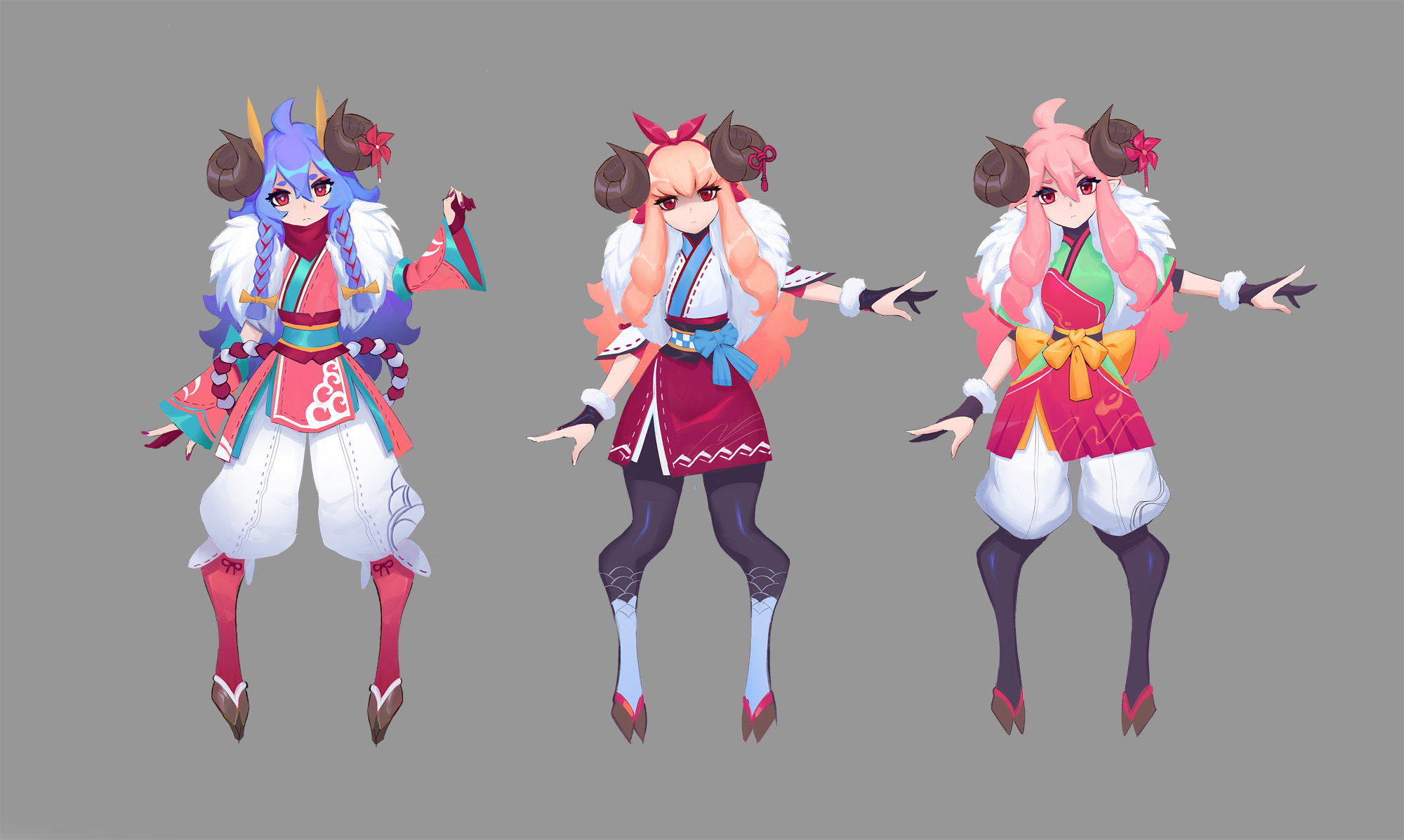 he image contains concept art for three variations of a female anime character. each character has ram or goatlike horns and is dressed in a colorful, stylized kimonoinspired outfit. the color schemes differ slightly between the three characters.  the art style is vibrant and whimsical, with a focus on bright colors and exaggerated features. the characters are posed dynamically, each with slightly different arm positions. the background is a simple gray, to focus attention on the characters.