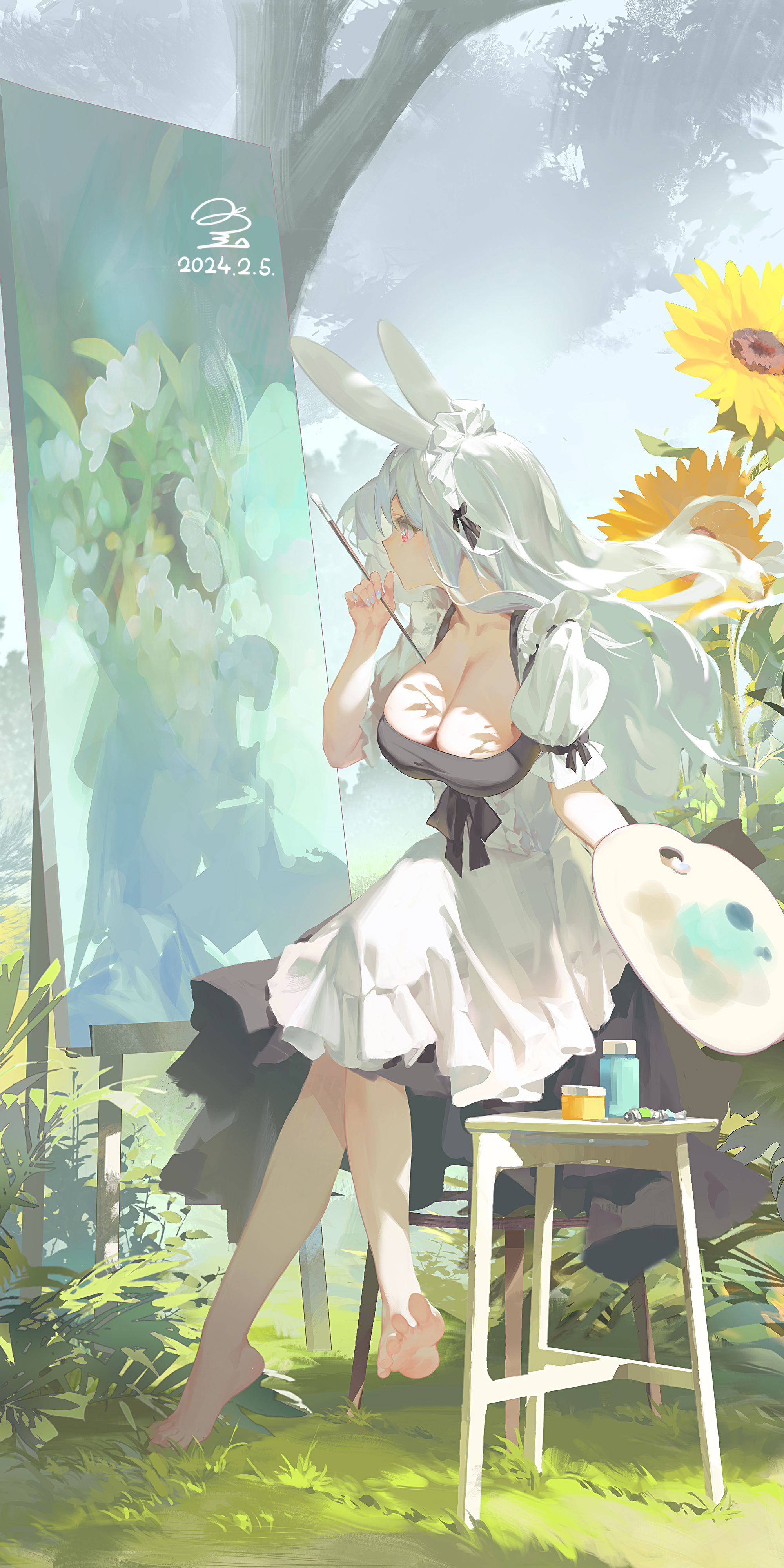 he image depicts a charming anime girl with white hair and rabbit ears, dressed in a white and black dress, sitting barefoot in a lush green garden. she's holding a paintbrush and palette, seemingly painting on an easel set up outdoors. sunflowers and other flora surround her, creating a peaceful and idyllic scene. the light and colors are soft and inviting, contributing to the overall serene and aesthetically pleasing atmosphere.