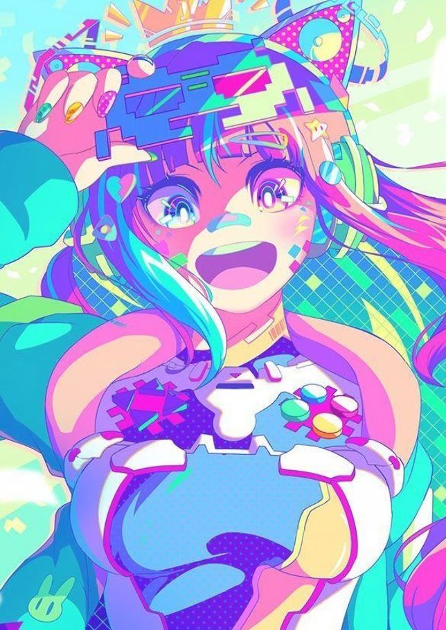 the image is a digital illustration of a cute anime girl with bright neon colors. she is wearing headphones and a video game controller, and she appears to be very excited about playing a game. the background is a colorful pixelated pattern.
