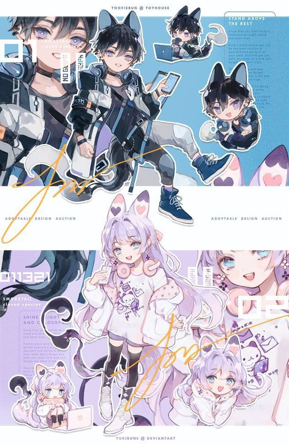 the image is a digital illustration of four anime characters in a chibi style. the two on top are male, while the two on the bottom are female. each character has a unique design and is posed in a dynamic way. the background is white, with some text and design elements. the characters are drawn in a cartoon style with large eyes, small noses, and exaggerated features. they are all wearing stylish clothing and accessories. the overall feeling of the image is fun, playful, and energetic.